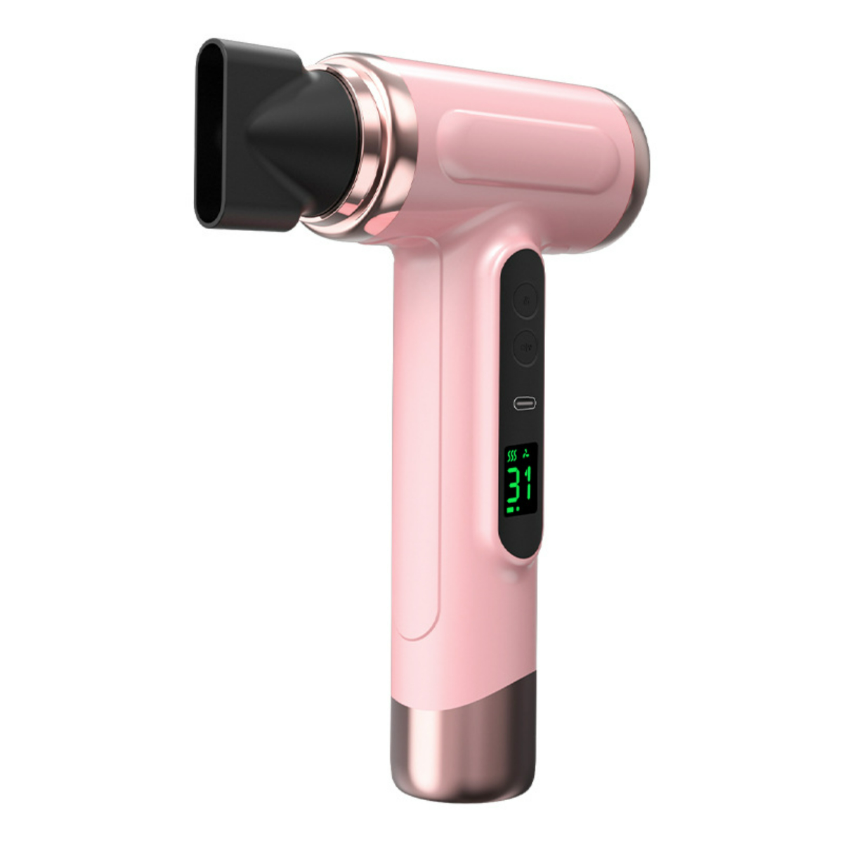 Eine pinkfarbene Handmassagepistole mit Digitalanzeige und schwarzem Kopf. Die Spitze ist roségoldfarben.