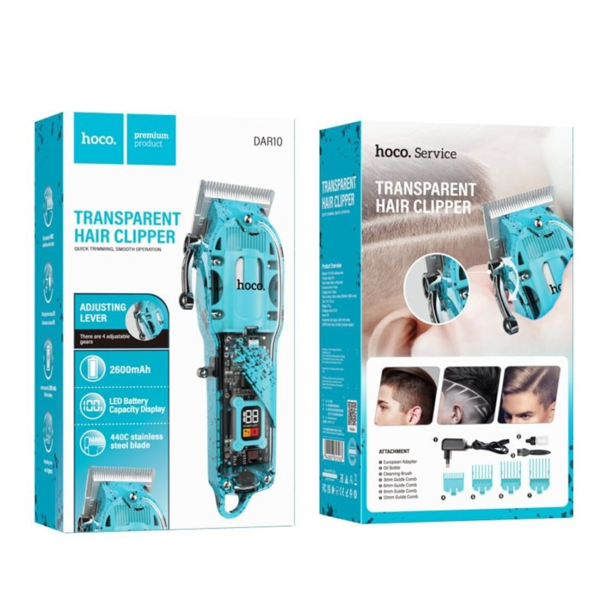 Haarschneider-Verpackung wird angezeigt, einschließlich eines Haarschneiders und Zubehörs.