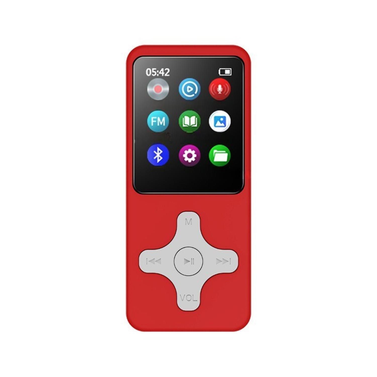 Ein roter MP3-Player mit Bildschirm, der Symbole und Zeit anzeigt, mit zentralem Steuerkreuz und Lautstärketasten.