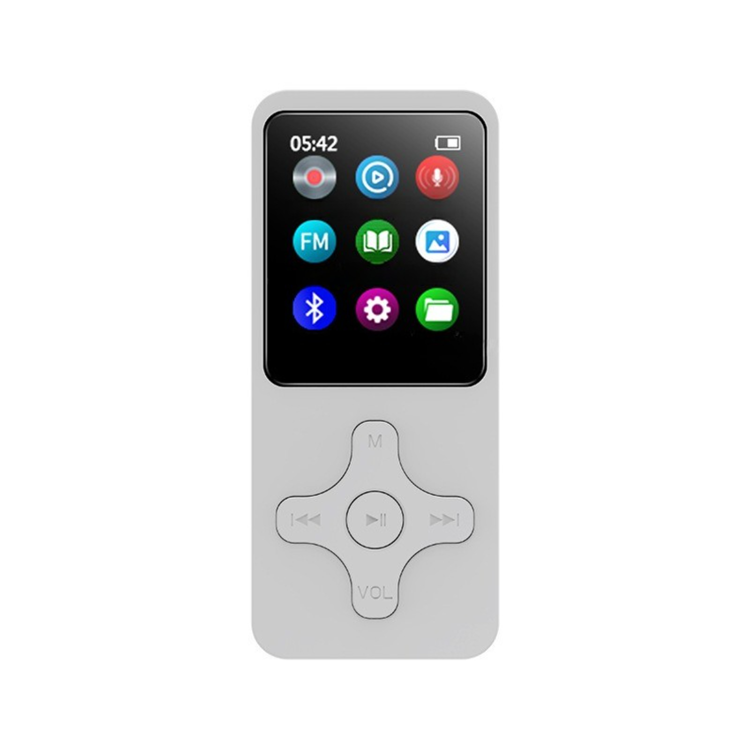 Ein silberner MP3-Player mit Bildschirm, der Symbole und Zeit anzeigt. Er hat ein zentrales Steuerkreuz und Lautstärketasten.
