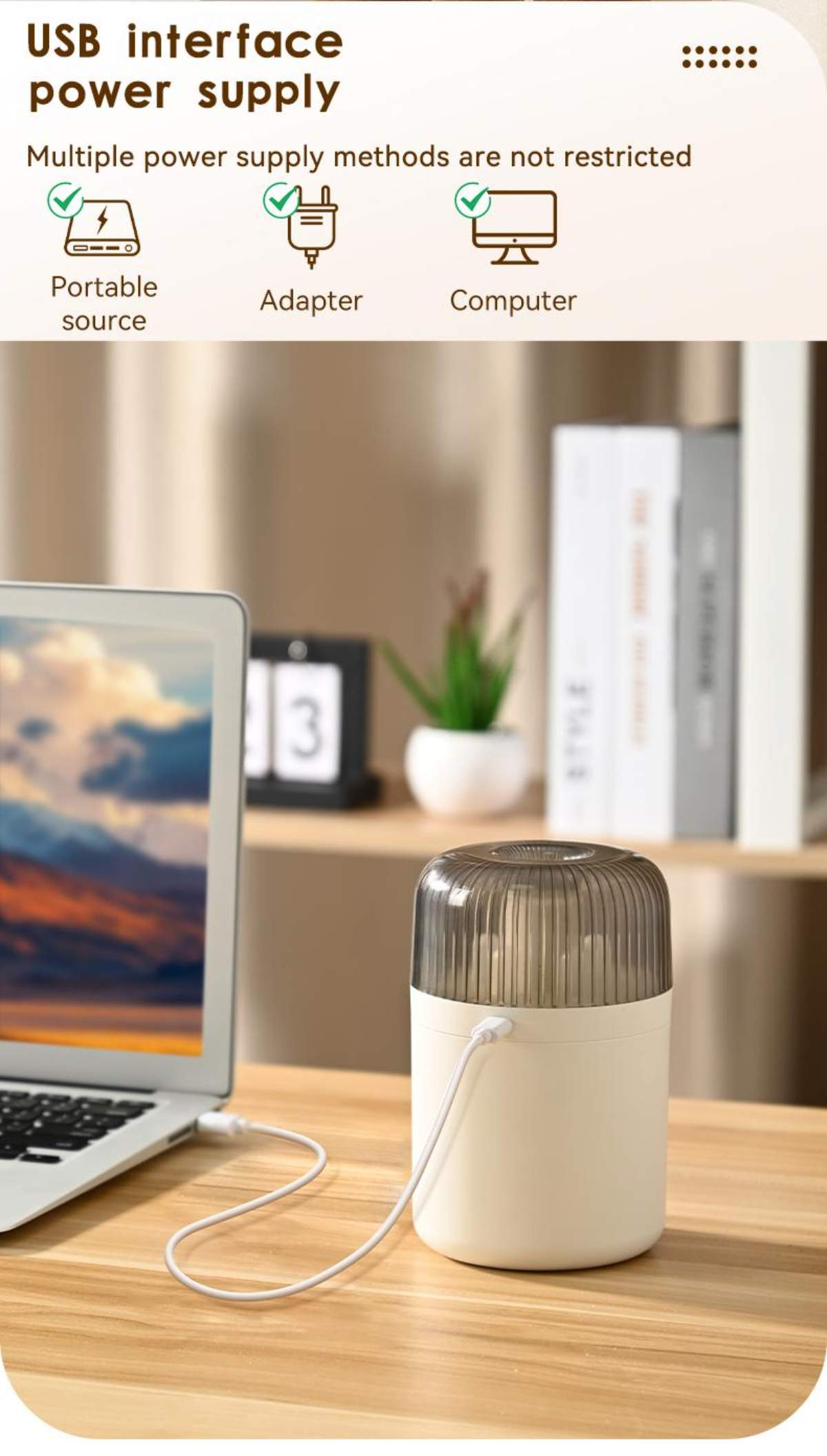 Ein weißer Luftbefeuchter, der über USB mit einem Laptop verbunden ist, mit Informationen zu Stromversorgungsarten.