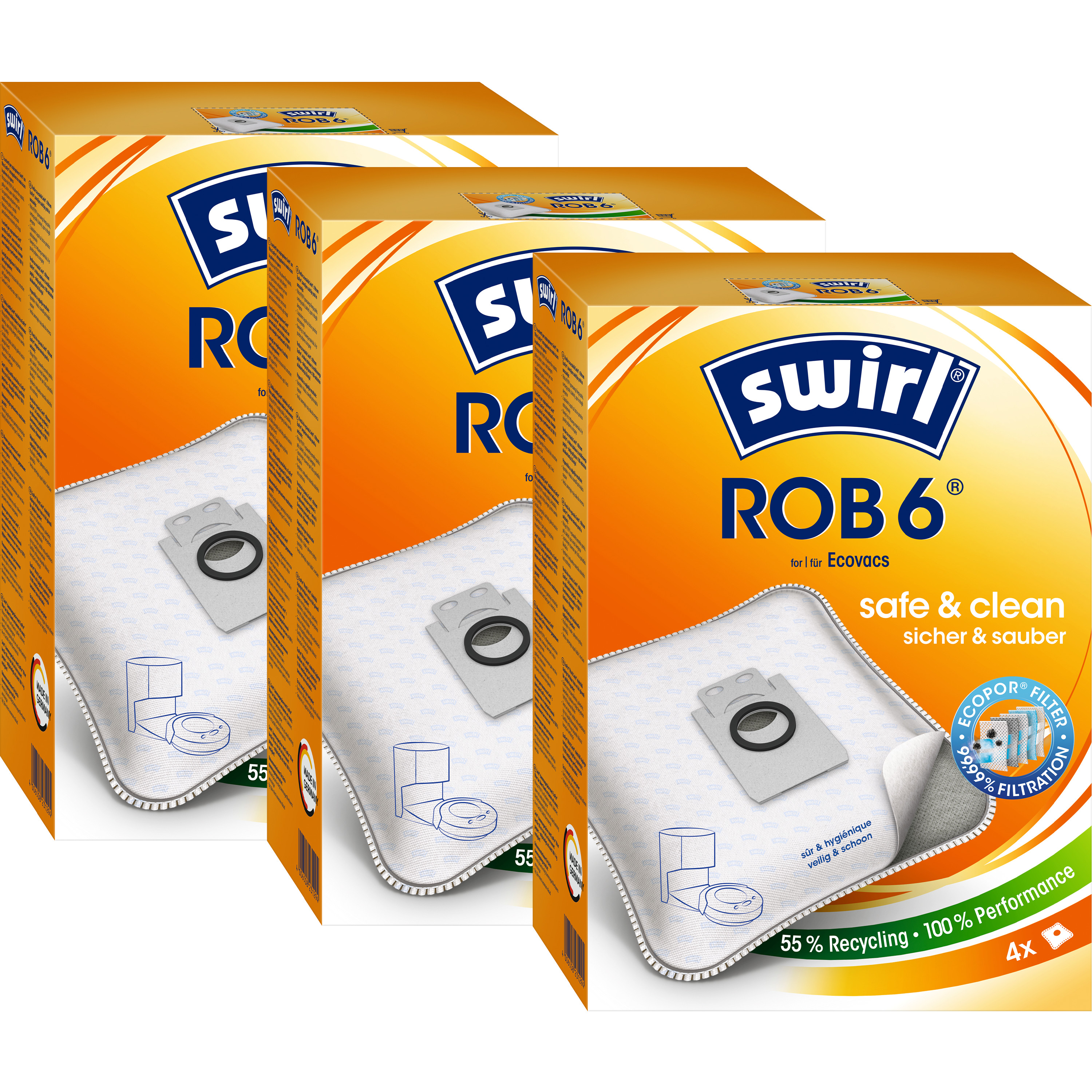 Drei Kartons mit Swirl ROB6 Staubsaugerbeuteln, orange-weiße Verpackung, sicher & sauber.