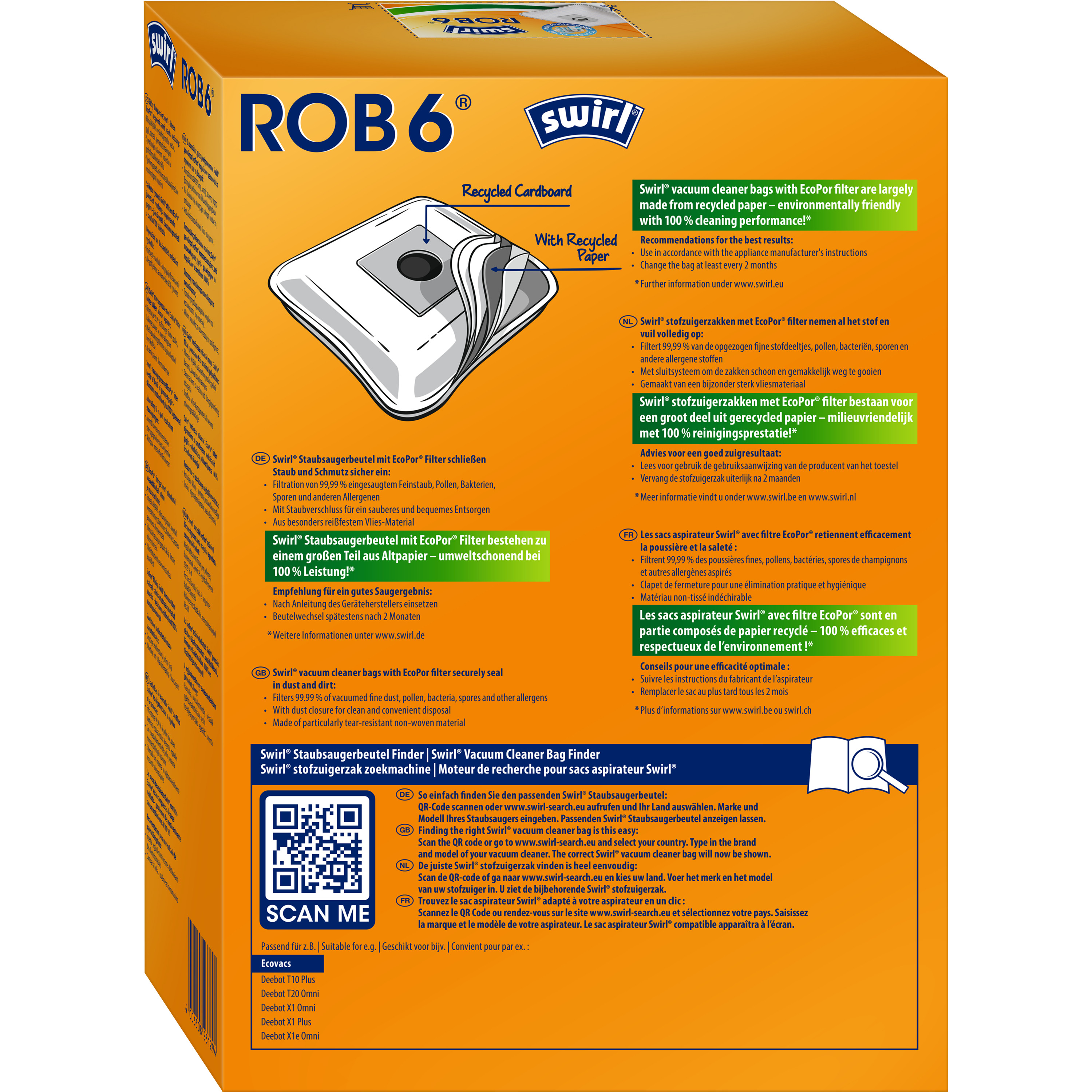 Eine Schachtel mit Staubsaugerbeuteln mit Text und Grafiken. Es ist eine Packung der Marke Swirl ROB6.