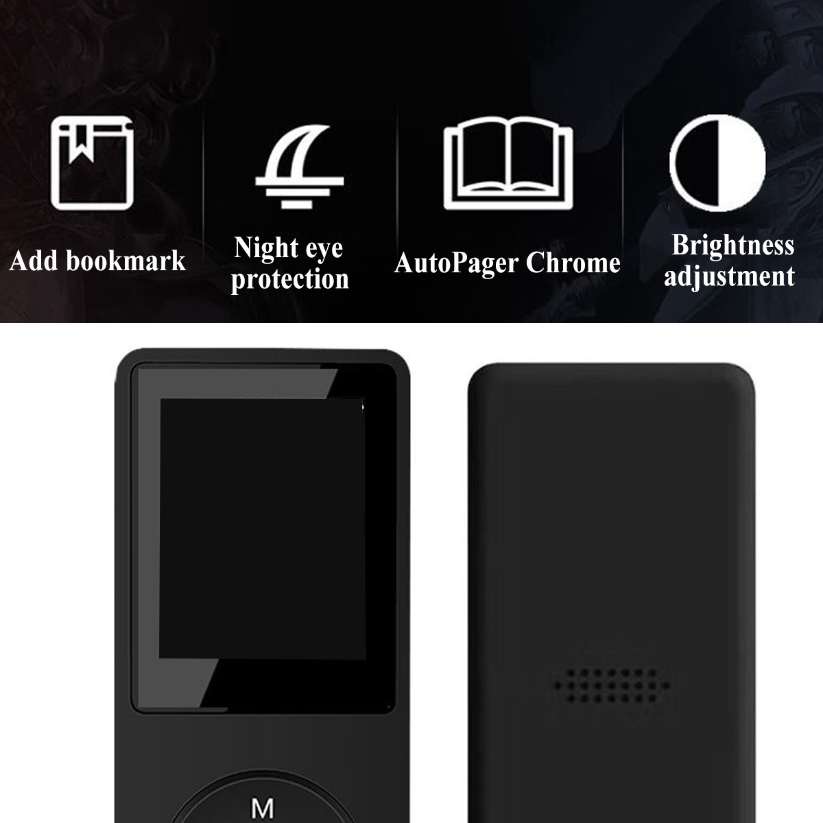 Ein schwarzer MP3-Player mit Bildschirm und Knöpfen, die Rückseite hat einen zusätzlichen Bildschirm.