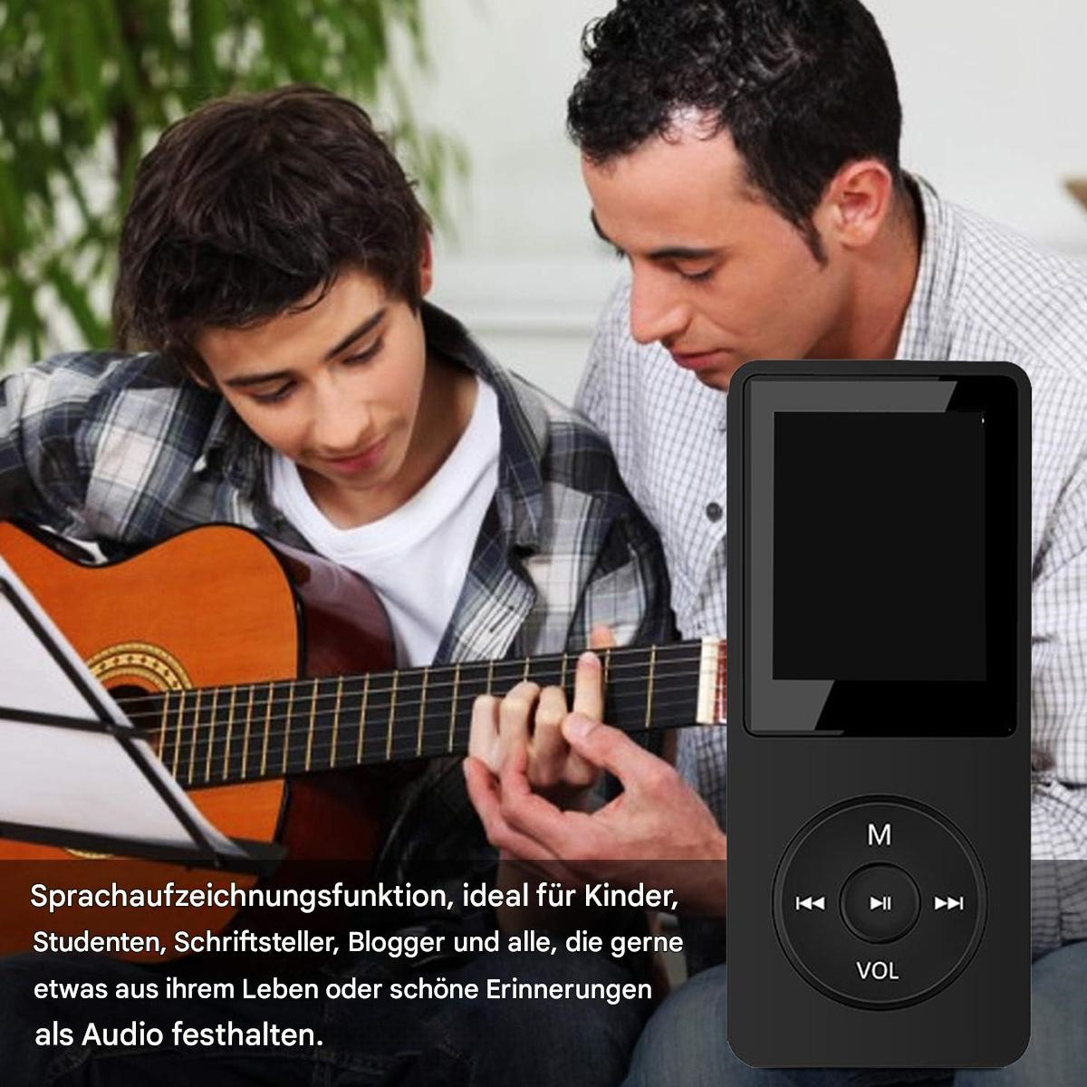 Zwei Männer mit einem MP3-Player, einer spielt Gitarre. Text auf Deutsch über Audioaufnahmen.