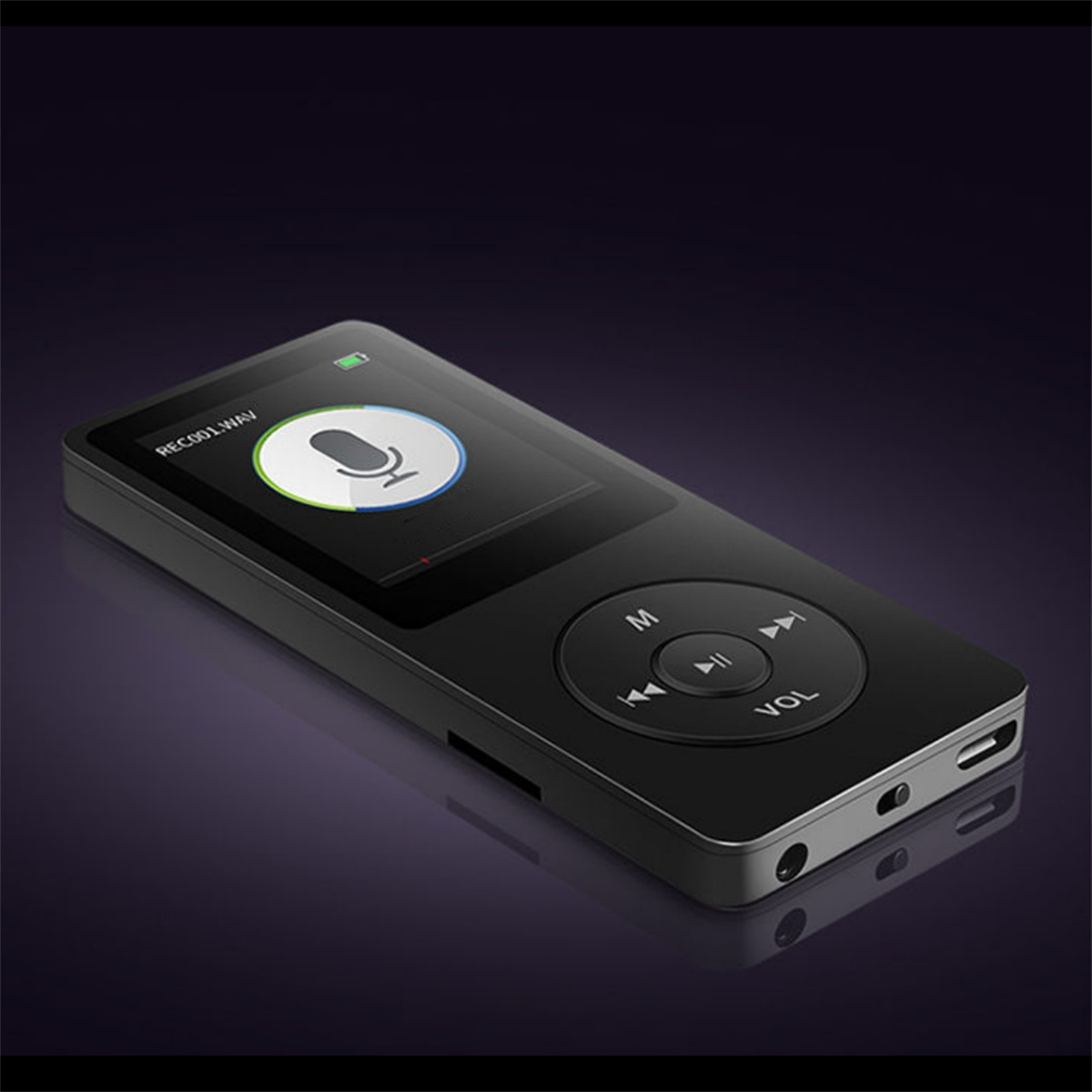 Ein schwarzer MP3-Player mit einem Mikrofonsymbol auf dem Bildschirm, auf einer dunklen Oberfläche.