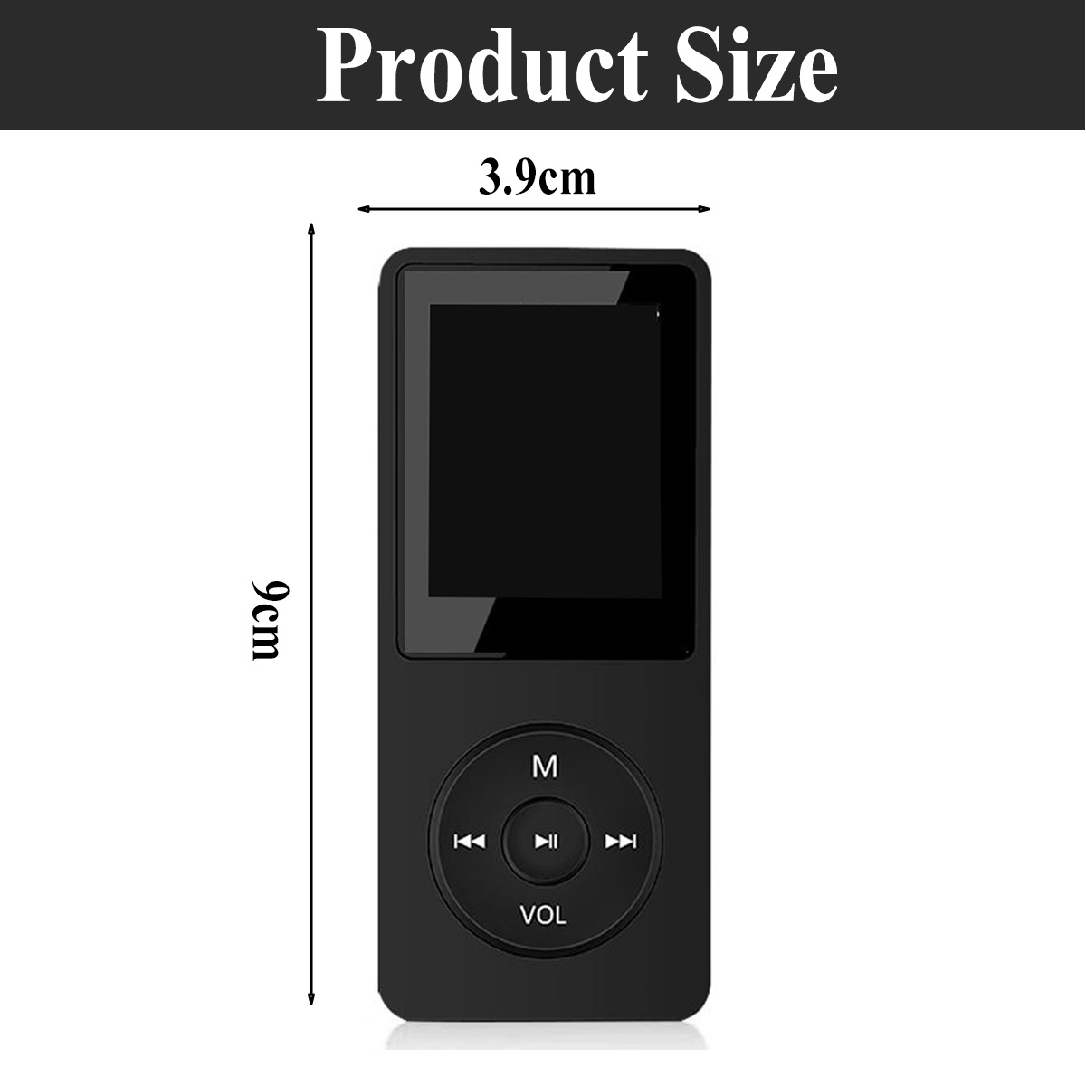 Schwarzer MP3-Player mit Bildschirm, der Abmessungen anzeigt: 3,9 cm x 9 cm.