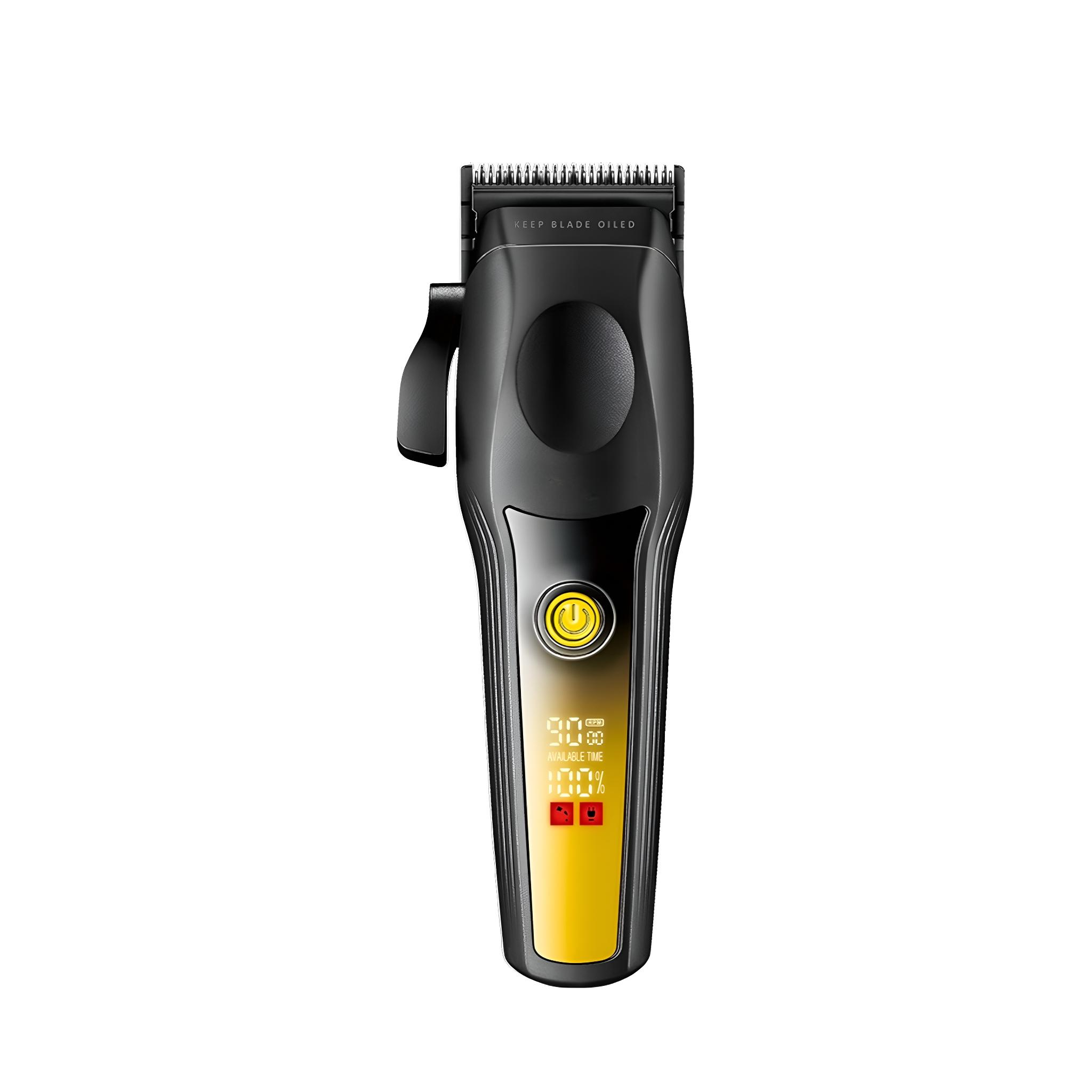 Schwarzer und gelber Haarschneider mit Digitalanzeige.