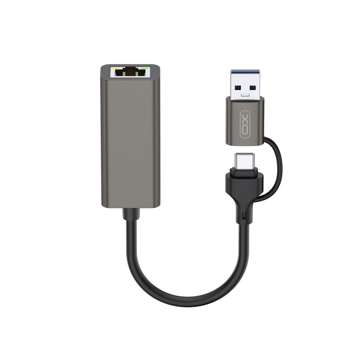 Een grijze USB-adapter met een USB- en een USB-C-connector.