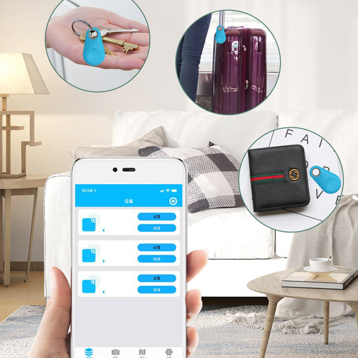 Smartphone-Bildschirm mit App-Symbolen, Tracker, Brieftasche und Schlüsseln.