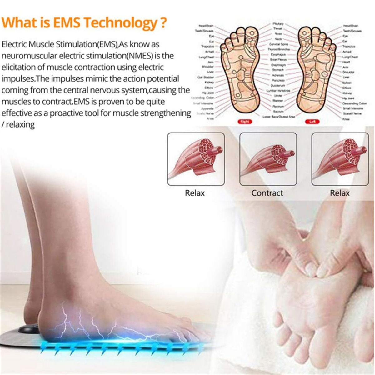 Diagramm mit Füßen und Organen, Text über EMS-Technologie und ein Fußmassagegerät.