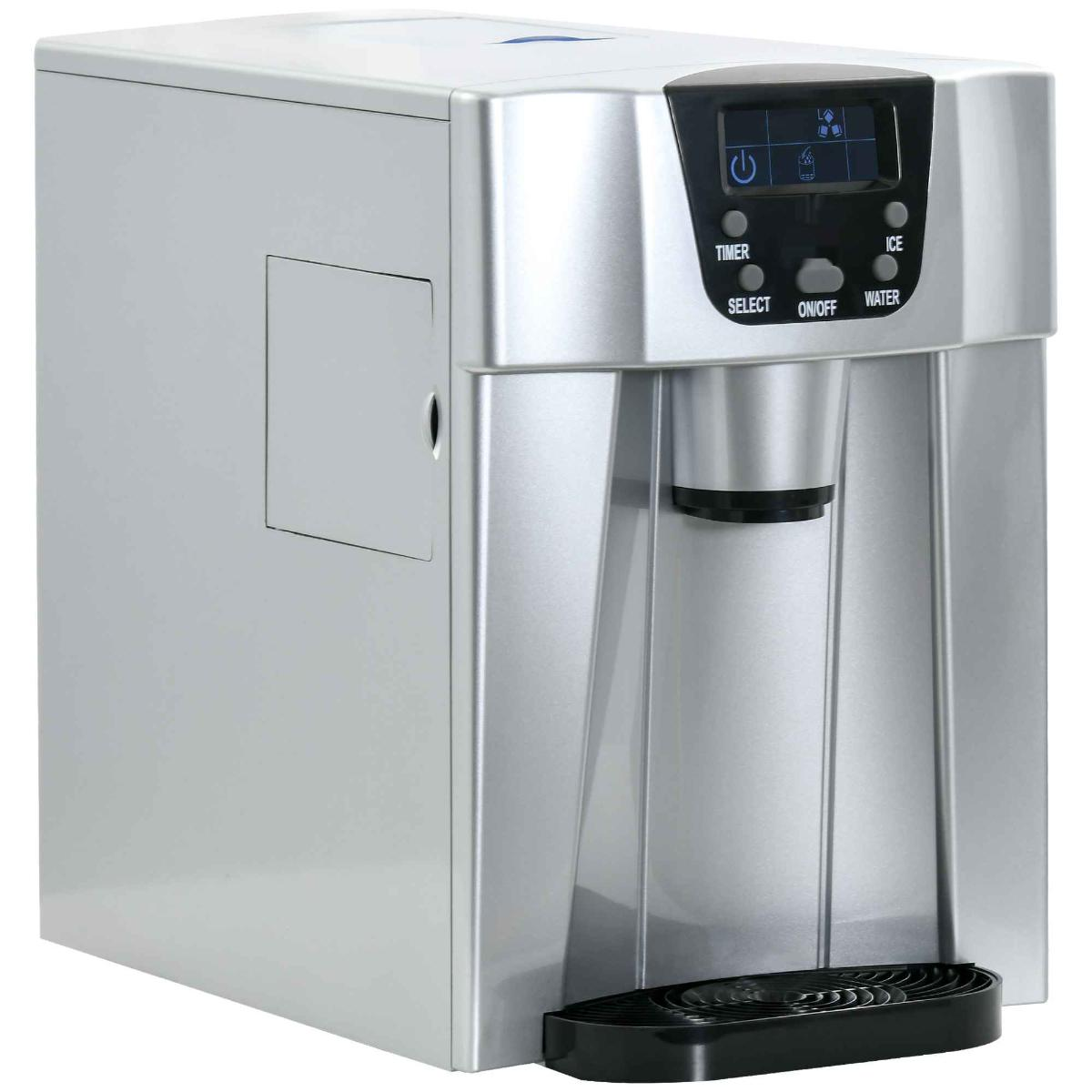 Silberne Eismaschine mit Display, schwarzen Bedienelementen und Wasserspender.