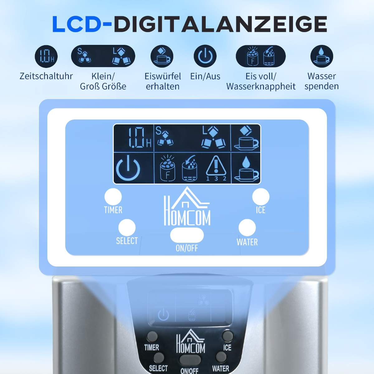 Nahaufnahme des Bedienfelds eines Eisbereiters mit den Tasten „Timer“, „Select“, „Ein/Aus“, „Ice“, „Water“.
