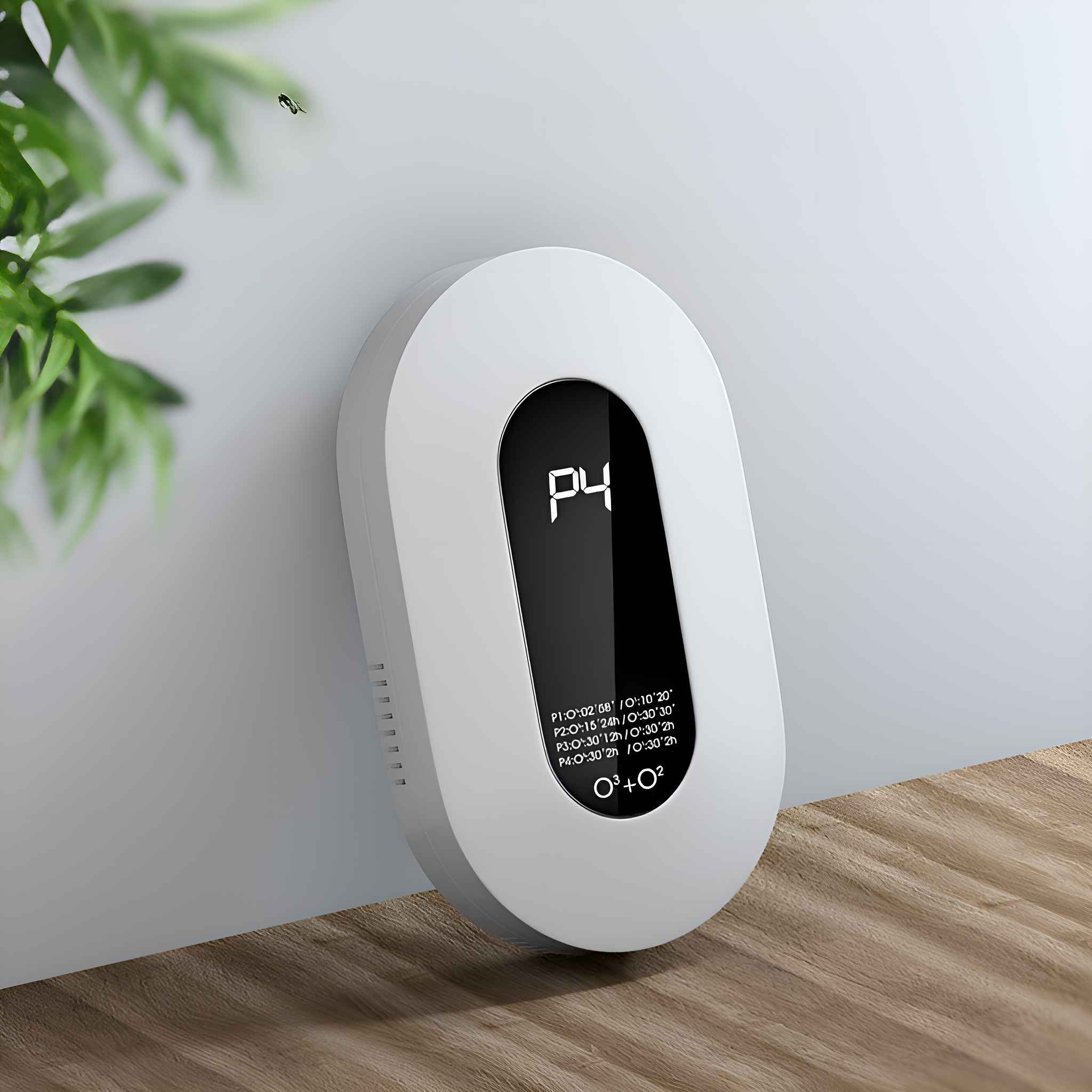 Weißer, ovaler Luftqualitätsmonitor an einer weißen Wand. Es hat ein kleines Display mit Messwerten.