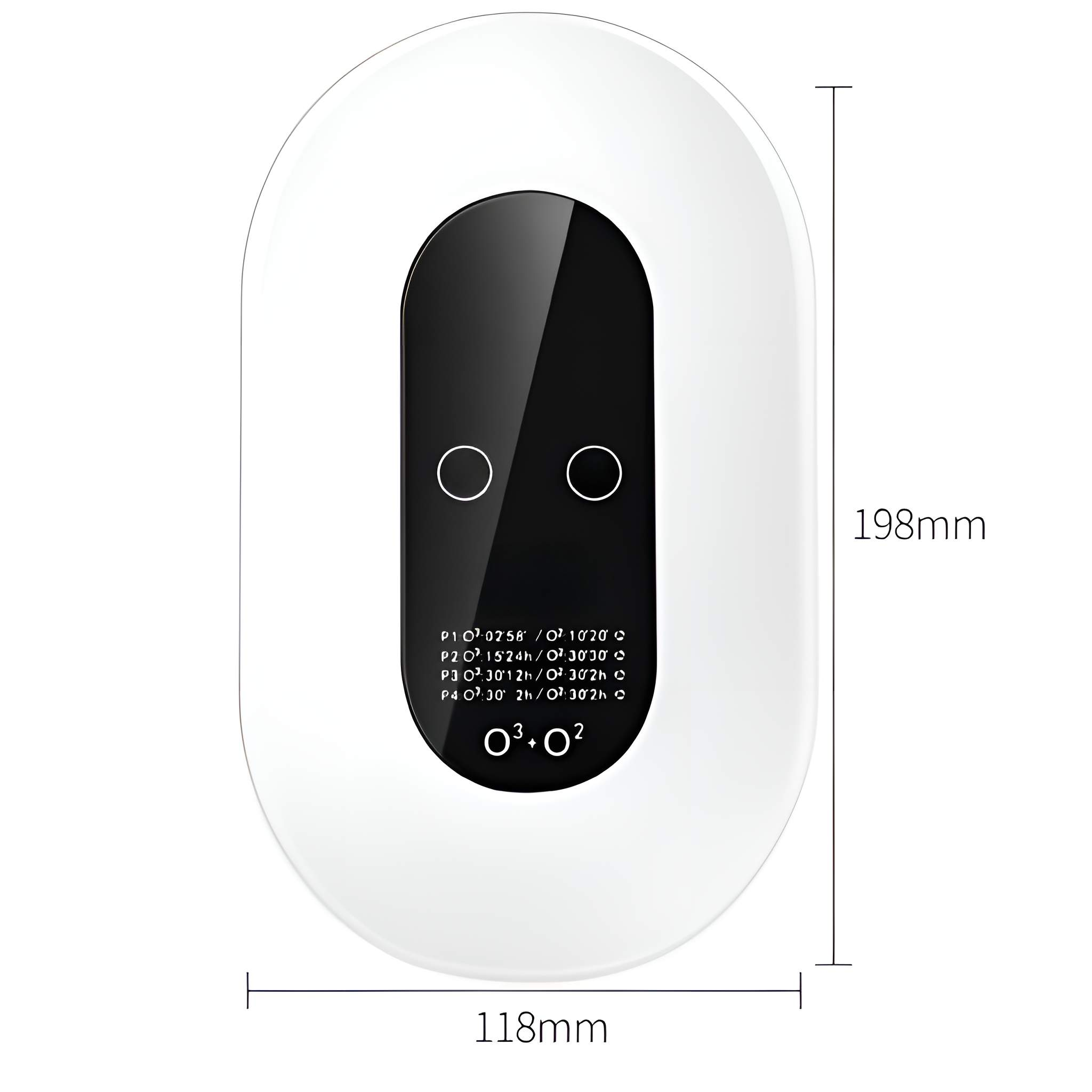 Weißer, ovaler Luftqualitätsmonitor mit kleinem Bildschirm. Er hat Abmessungen und Messwerte zur Luftqualität.