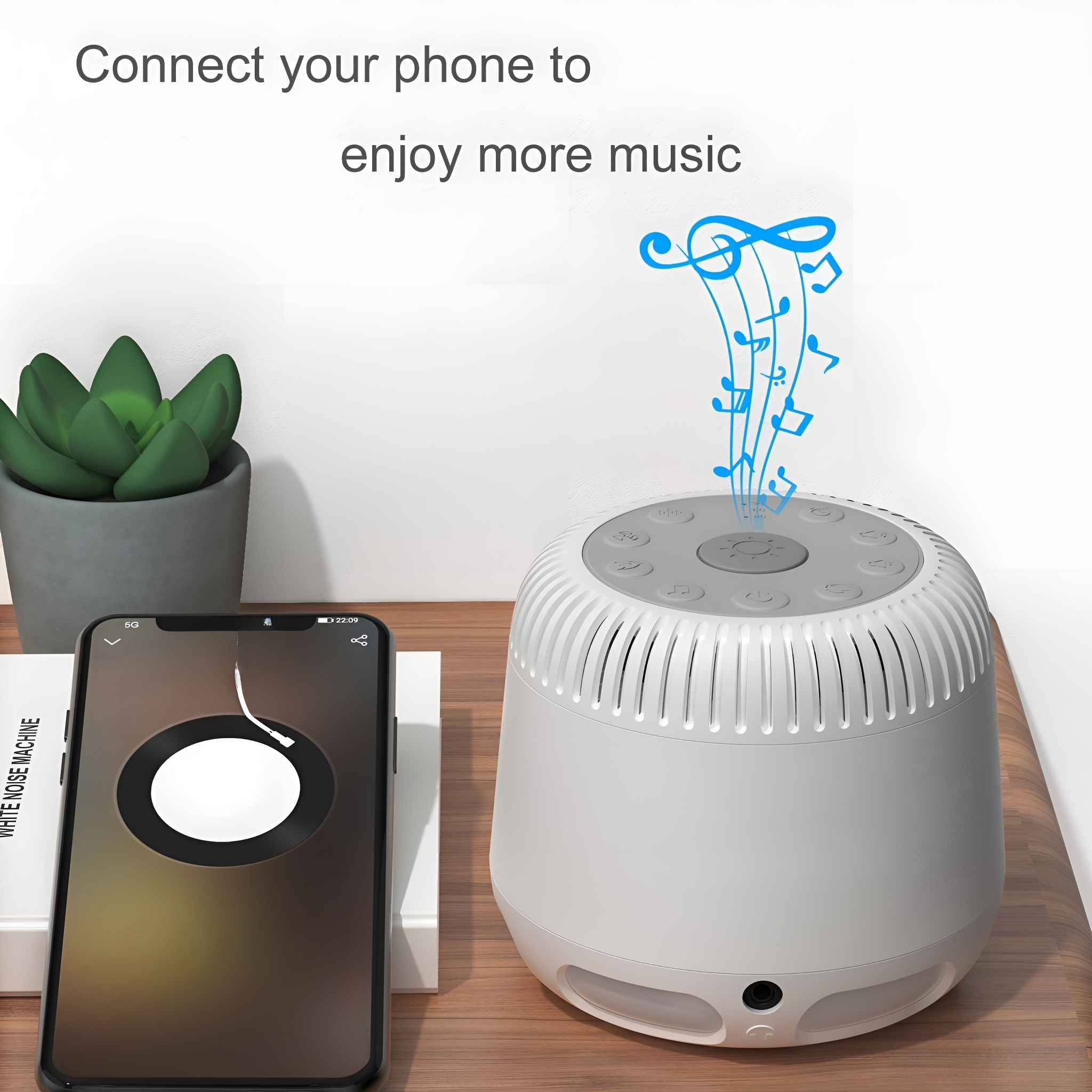 Weißer Lautsprecher mit Handy, das Musik anzeigt. Musiknoten kommen aus dem Lautsprecher.