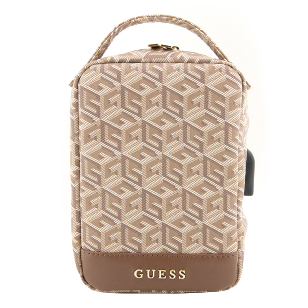 Una custodia marrone fantasia con manico e la scritta 'GUESS'.