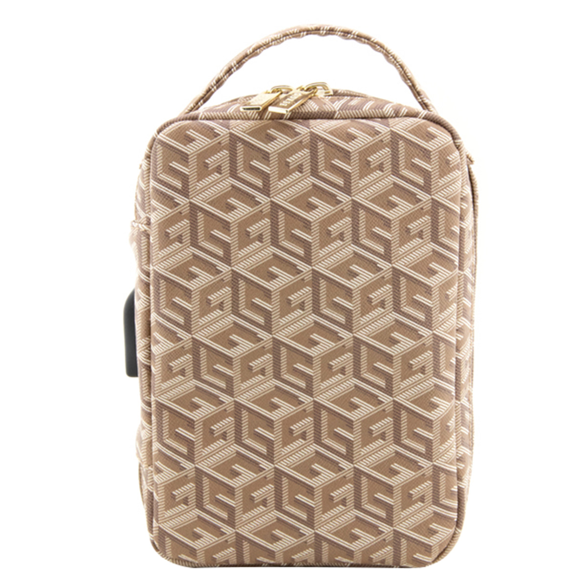 Una borsa da viaggio beige con un motivo geometrico ripetuto. Ha un manico e una cerniera.