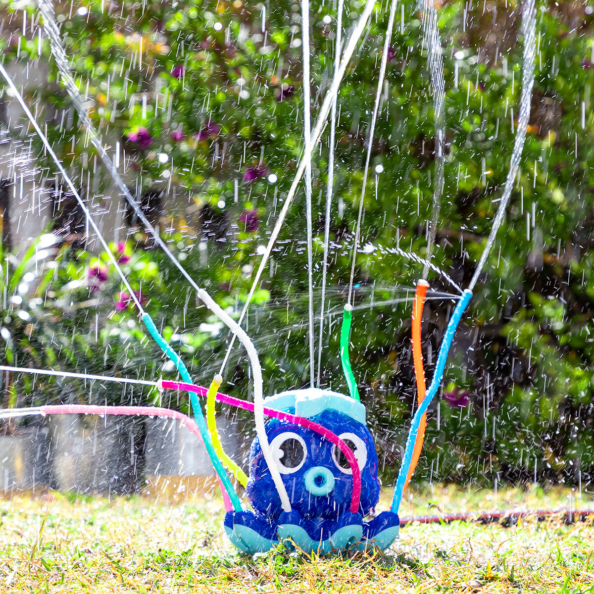 Ein blaues Oktopus-Sprinklerspielzeug, das Wasser in einem Garten versprüht. Die Wasserstrahlen sind sichtbar.