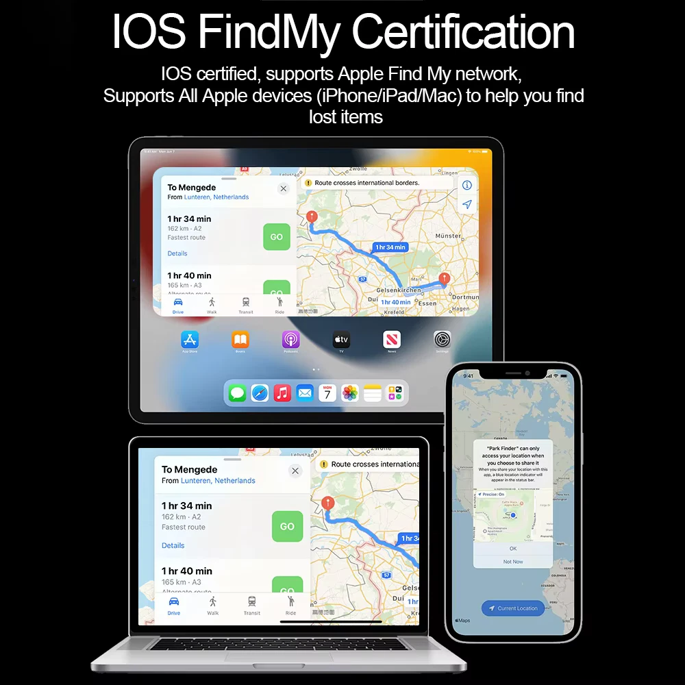 Apple-Geräte zeigen Karten und Navigation, mit Text zur FindMy-Zertifizierung und Apple-Geräten.