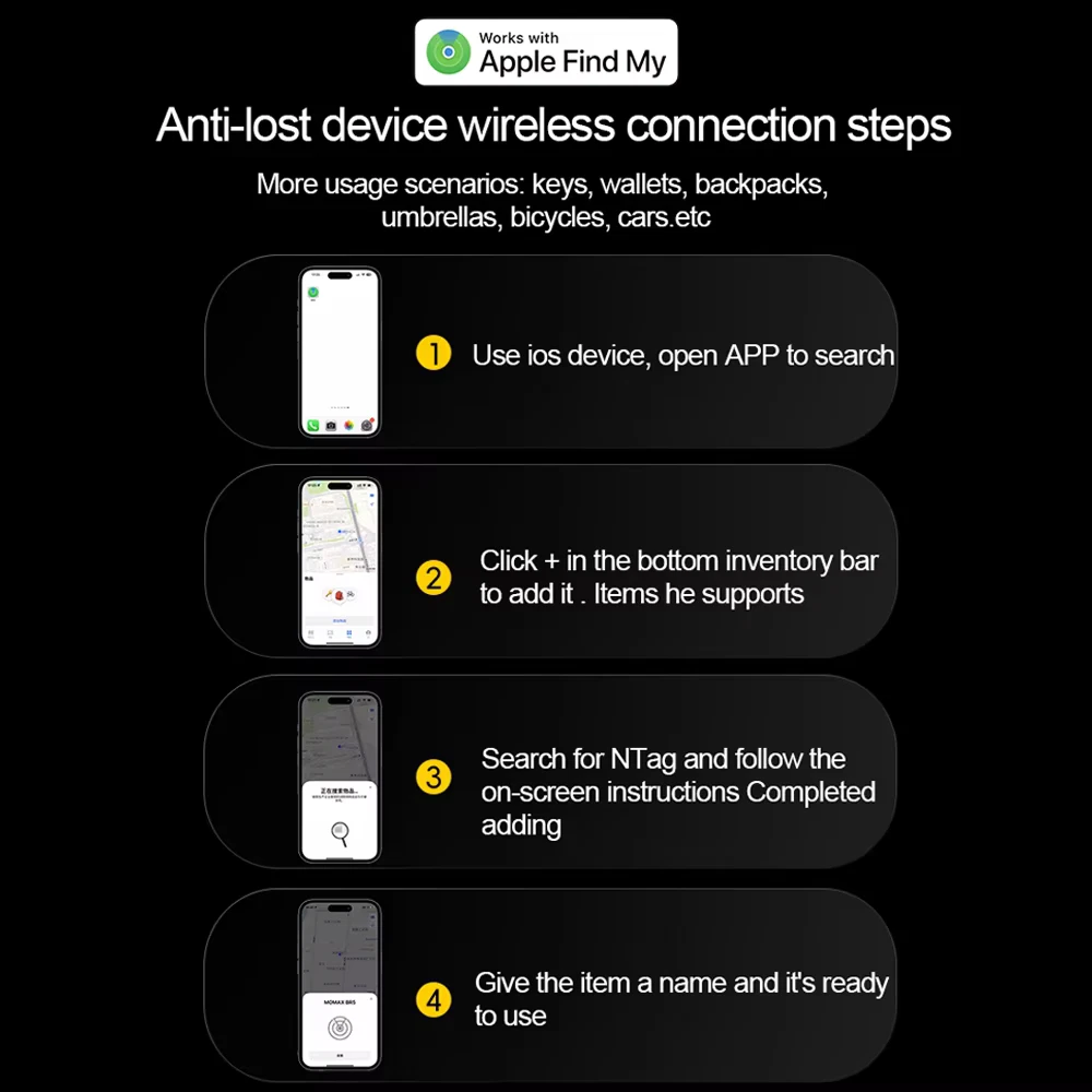 Anweisungen für ein Anti-Verlust-Gerät. Schritte umfassen die Verwendung eines iOS-Geräts, das Hinzufügen von Artikeln und deren Benennung.