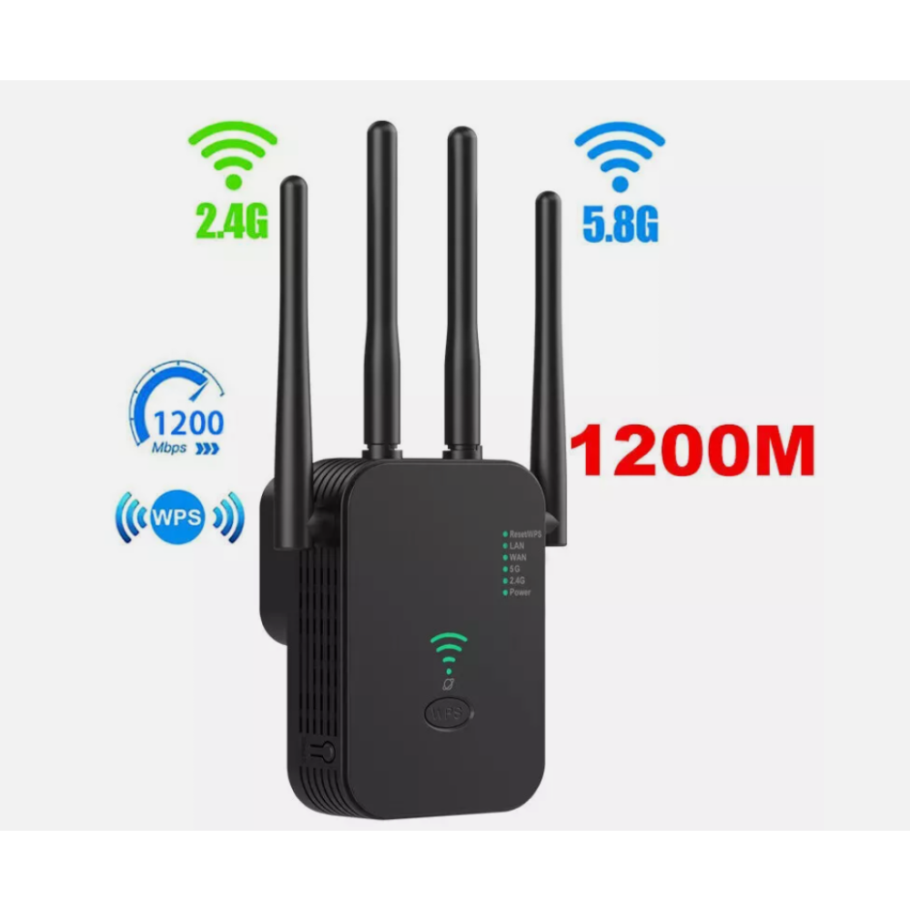 Schwarzer WLAN-Extender mit vier Antennen, den Zahlen 2,4G und 5,8G und dem Text "1200M" auf weißem Hintergrund.