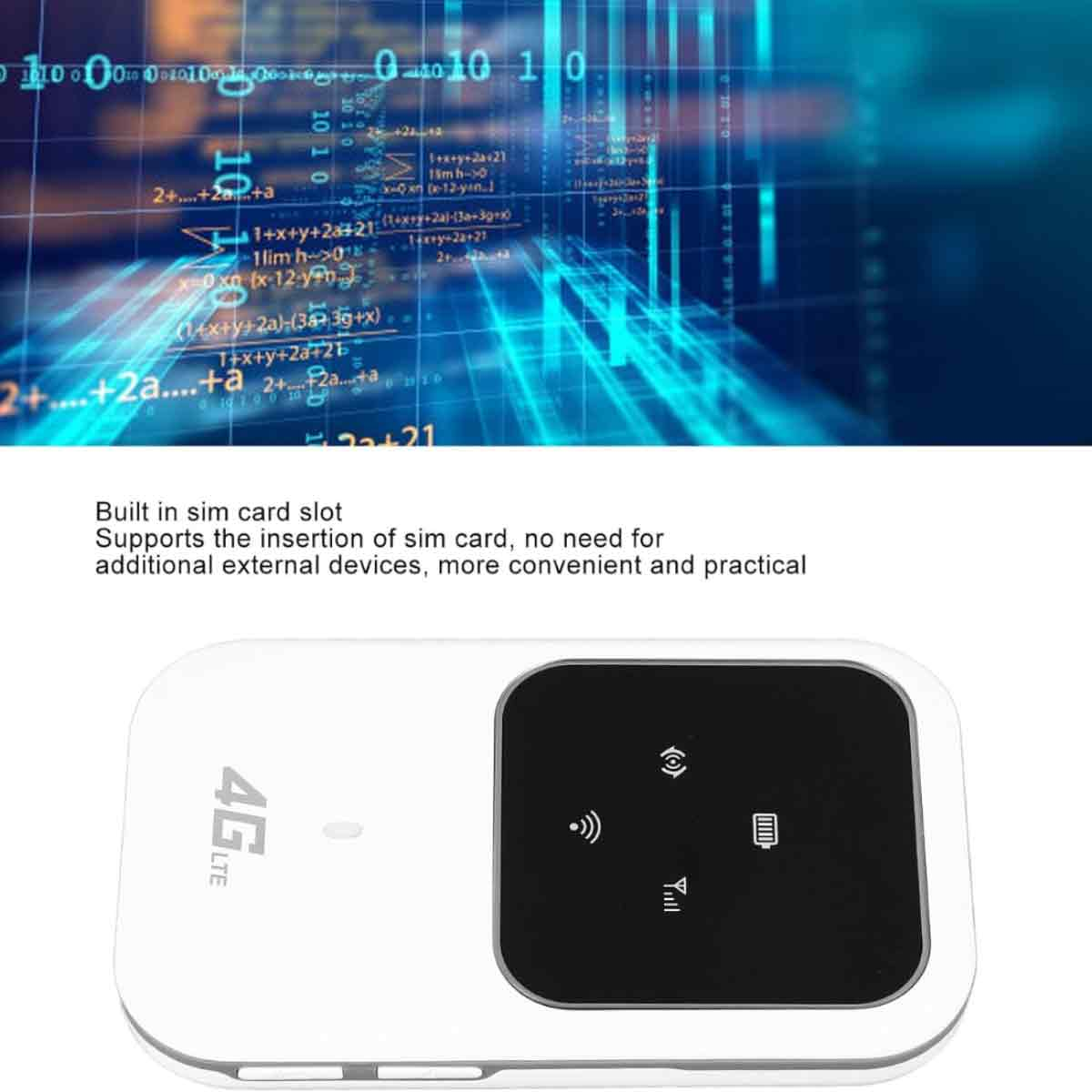 Ein weißes 4G-LTE-Gerät mit einem schwarzen Bildschirm, der Signal- und Batteriesymbole auf einem verschwommenen Technologiehintergrund anzeigt.
