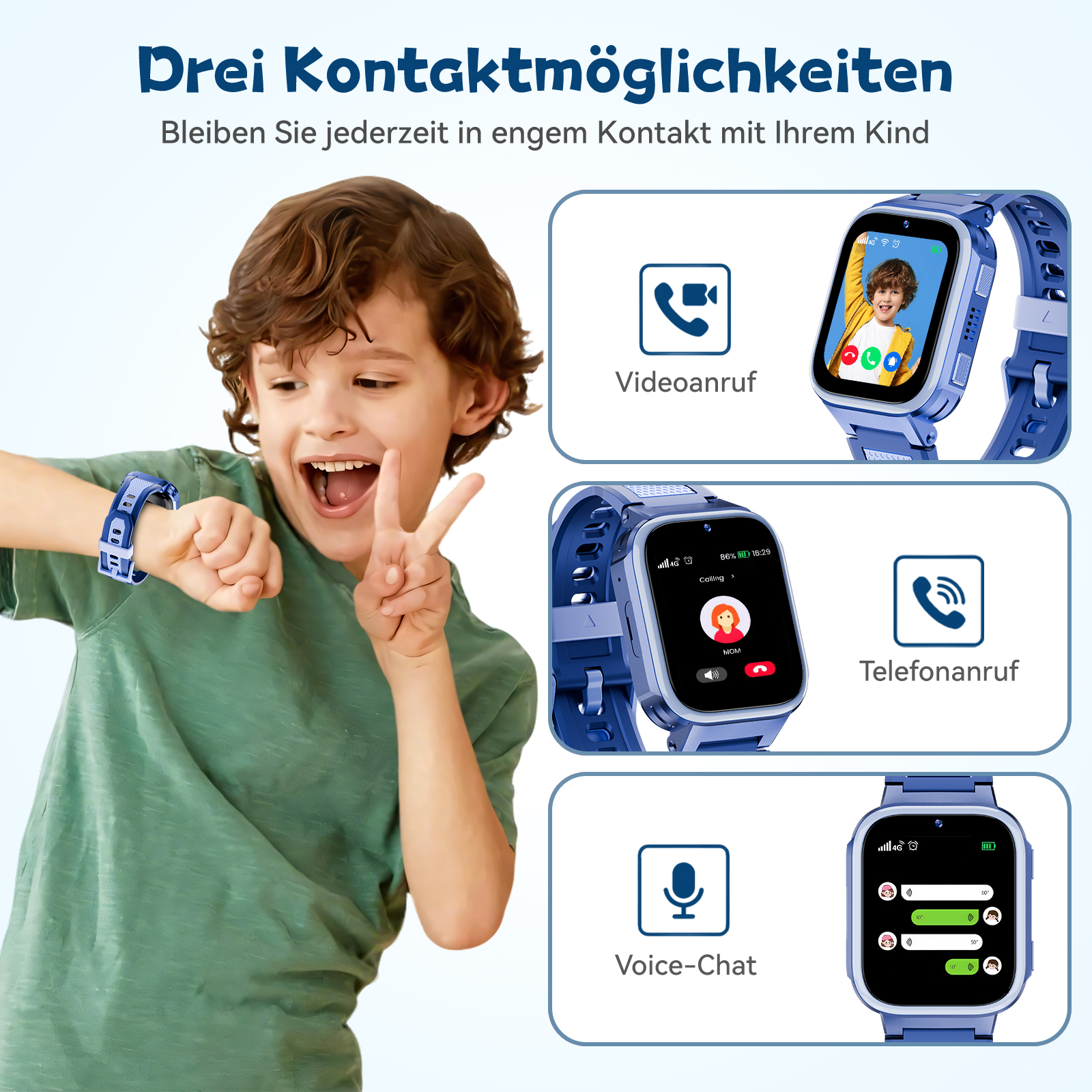 Ein Junge mit einer blauen Smartwatch zeigt drei Kommunikationsmethoden: Videoanruf, Telefonanruf und Voice-Chat.