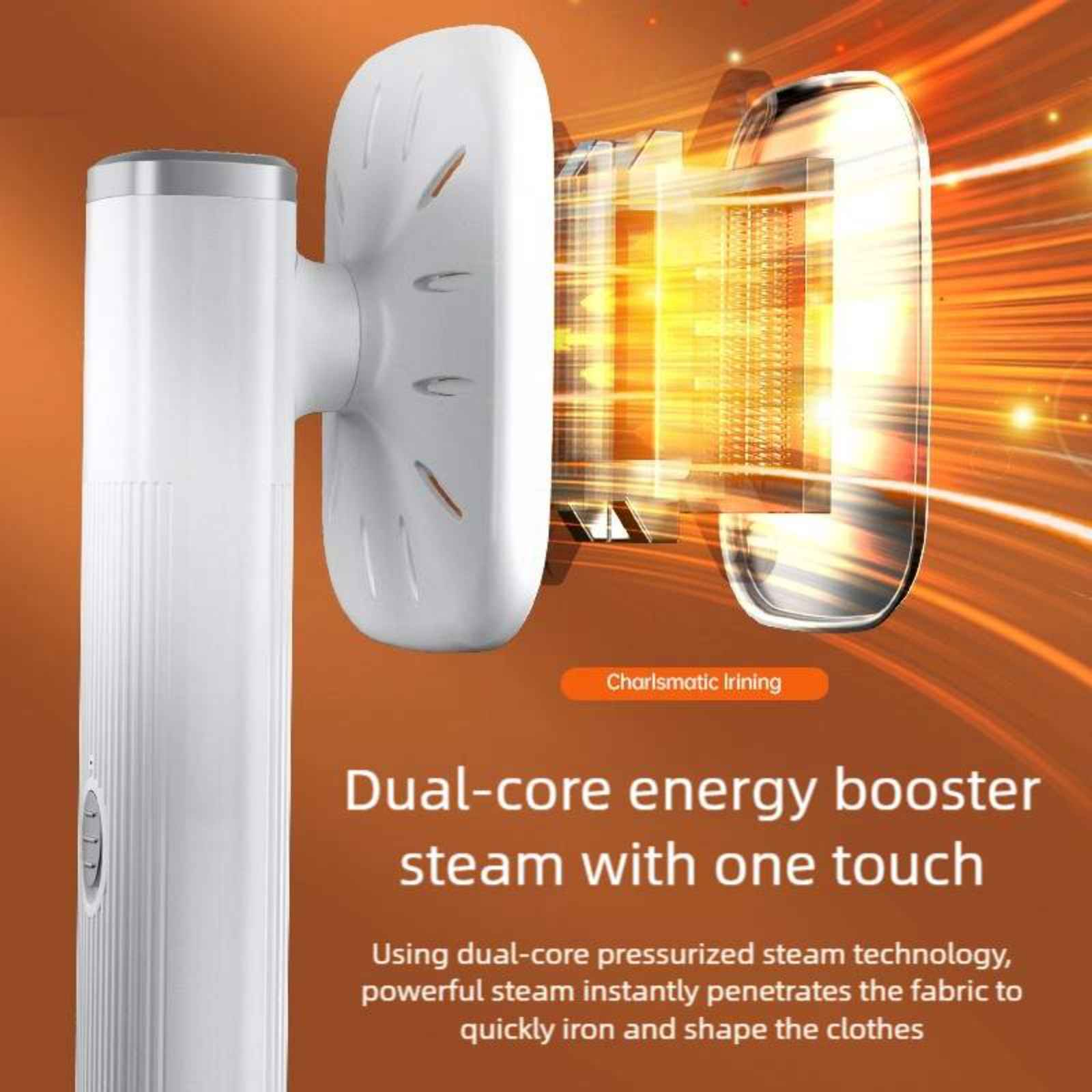 Nahaufnahme eines Dampfbügeleisens. Text: Dual-Core-Energieverstärker-Dampf mit einem Tastendruck.