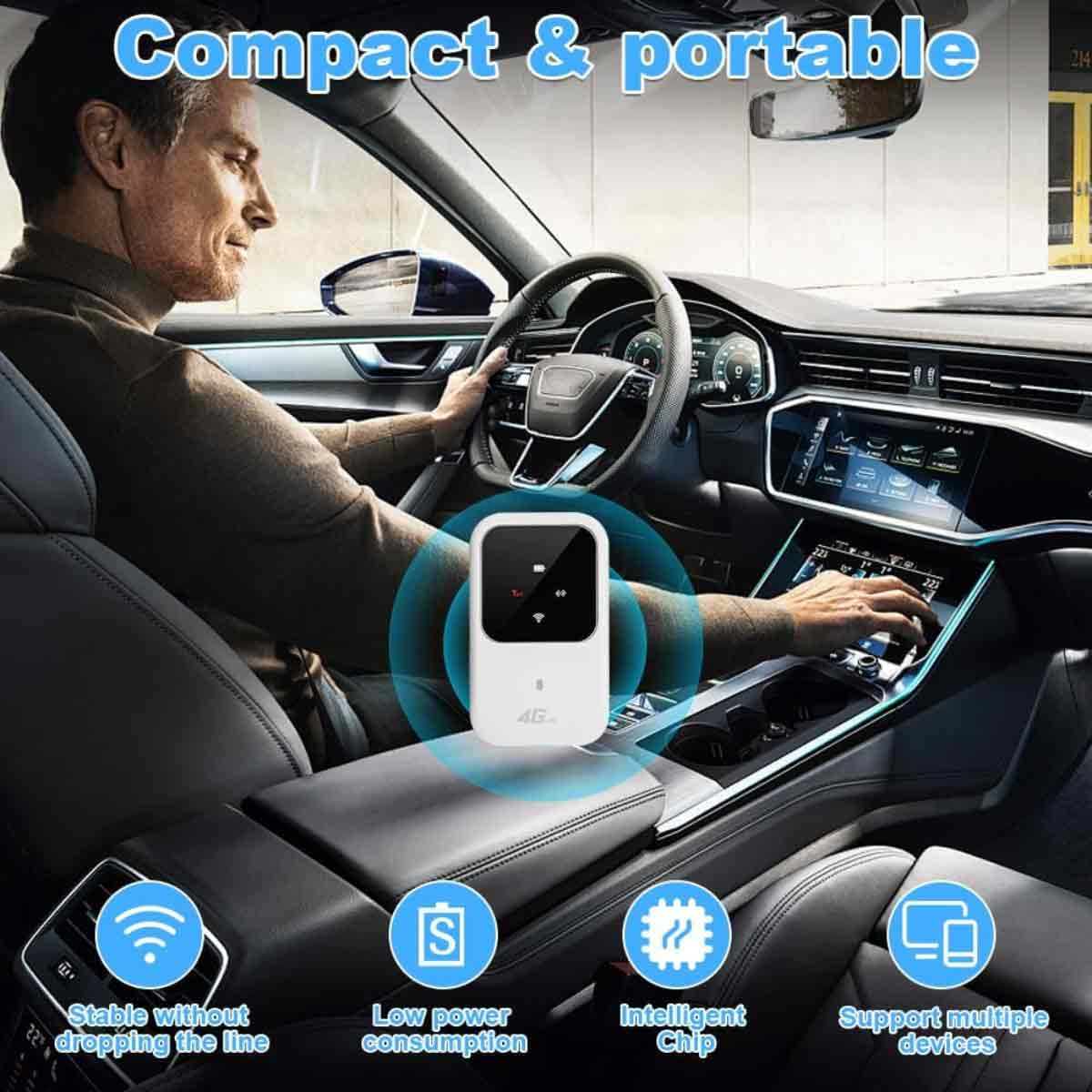 Ein Mann im Auto benutzt ein 4G-Gerät. Symbole stehen für stabile Verbindung, geringen Stromverbrauch und mehrere Geräte.