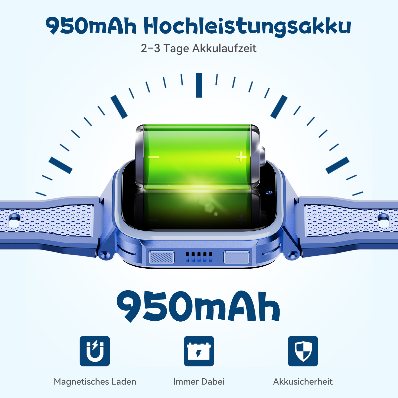 Eine blaue Smartwatch mit einem Batteriesymbol und Text über 950 mAh Akkulaufzeit für 2-3 Tage.