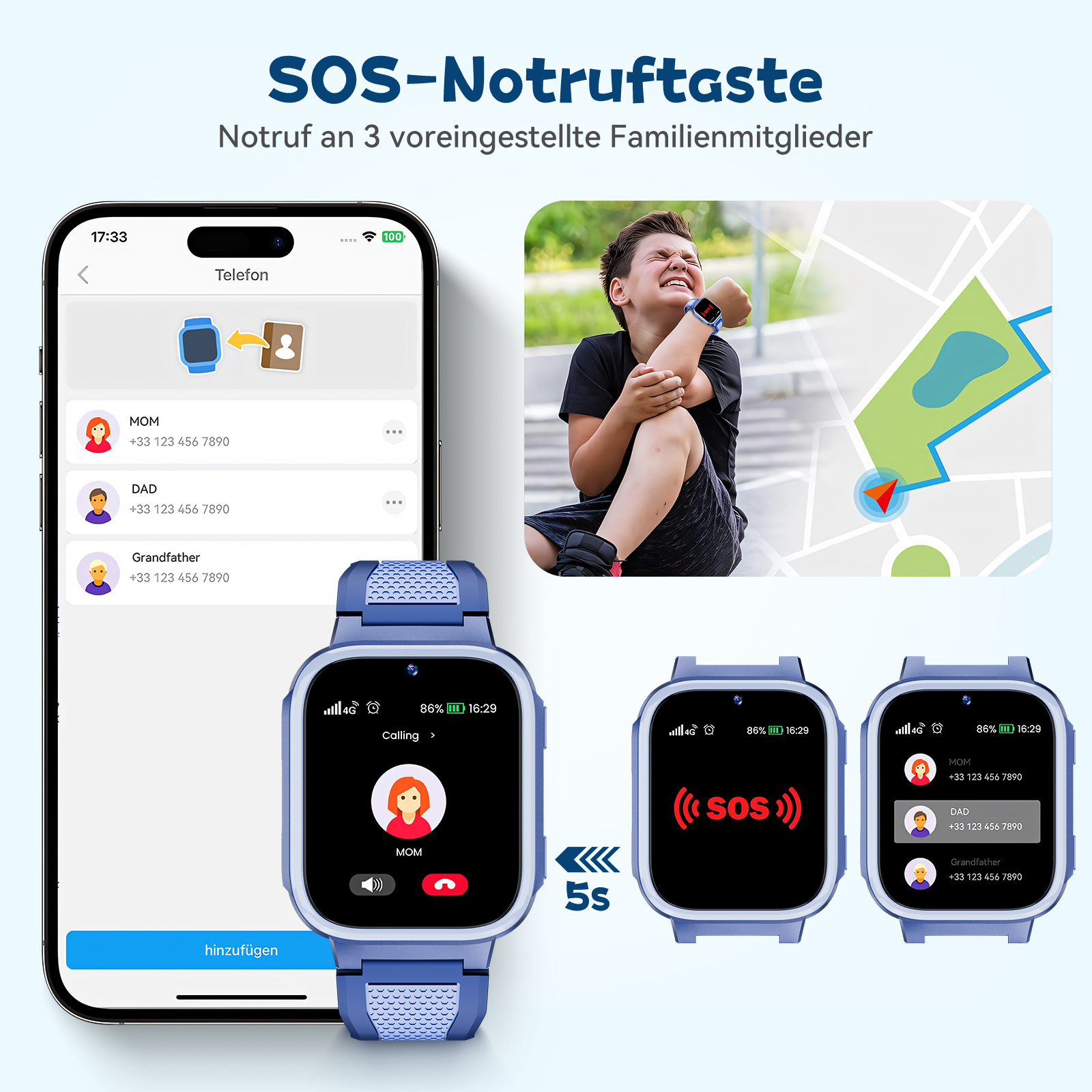 Eine Smartwatch für Kinder, die einen Telefonbildschirm mit Notfallkontakten anzeigt. Text auf Deutsch.