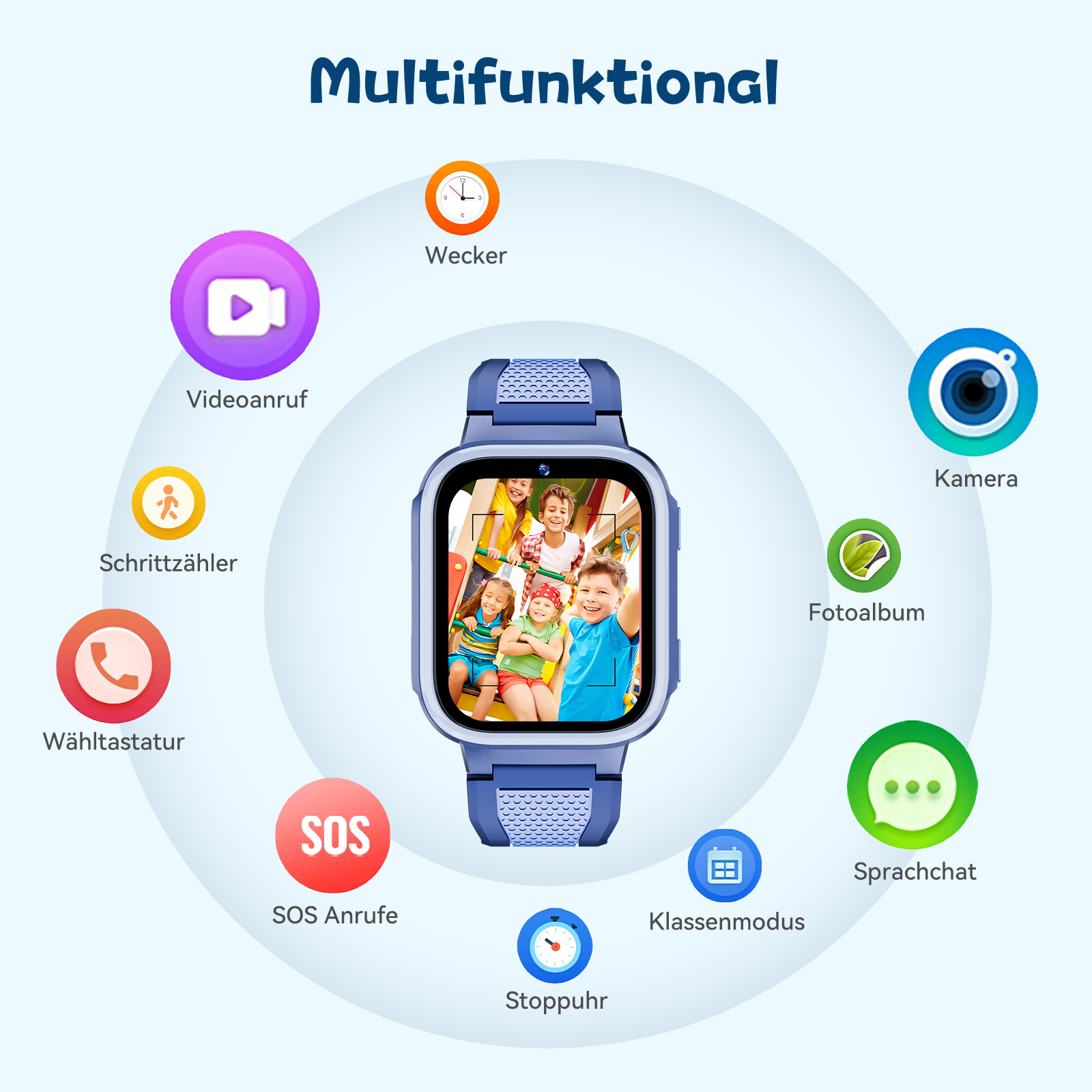 Eine multifunktionale Smartwatch mit verschiedenen Symbolen, einschließlich Videoanruf, Kamera und SOS.