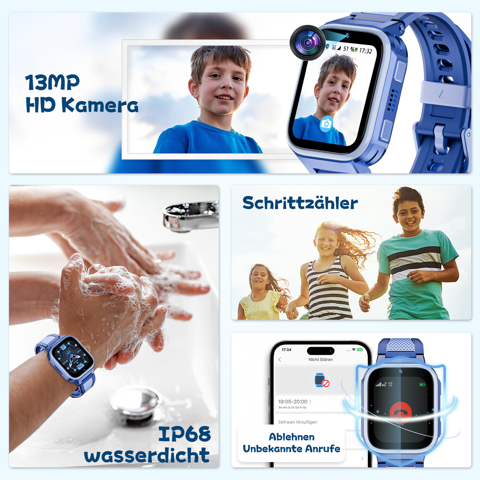 Blaue Smartwatch mit Bild eines Jungen, Jungen-Gesicht und einer Szene, in der sich ein Junge die Hände wäscht.