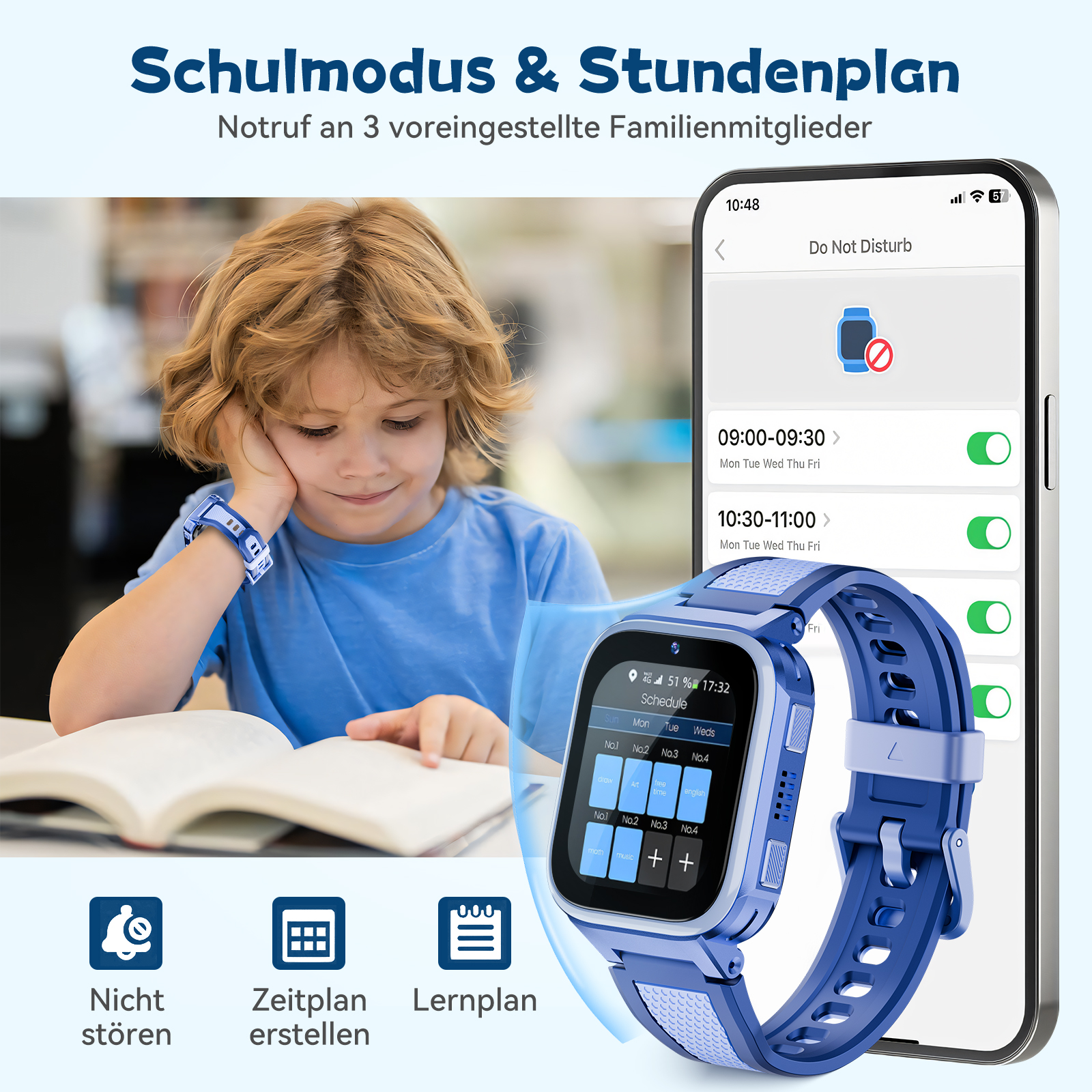 Ein Junge liest ein Buch und eine Smartwatch liegt auf dem Tisch. Die Uhr zeigt die Zeit und eine App.
