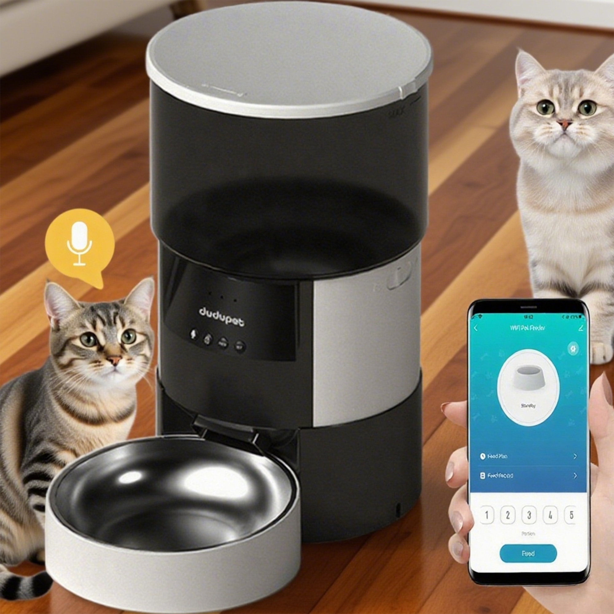 Automatischer Haustierfutterautomat, Katzen und eine Telefonschnittstelle mit Fütterungsoptionen.