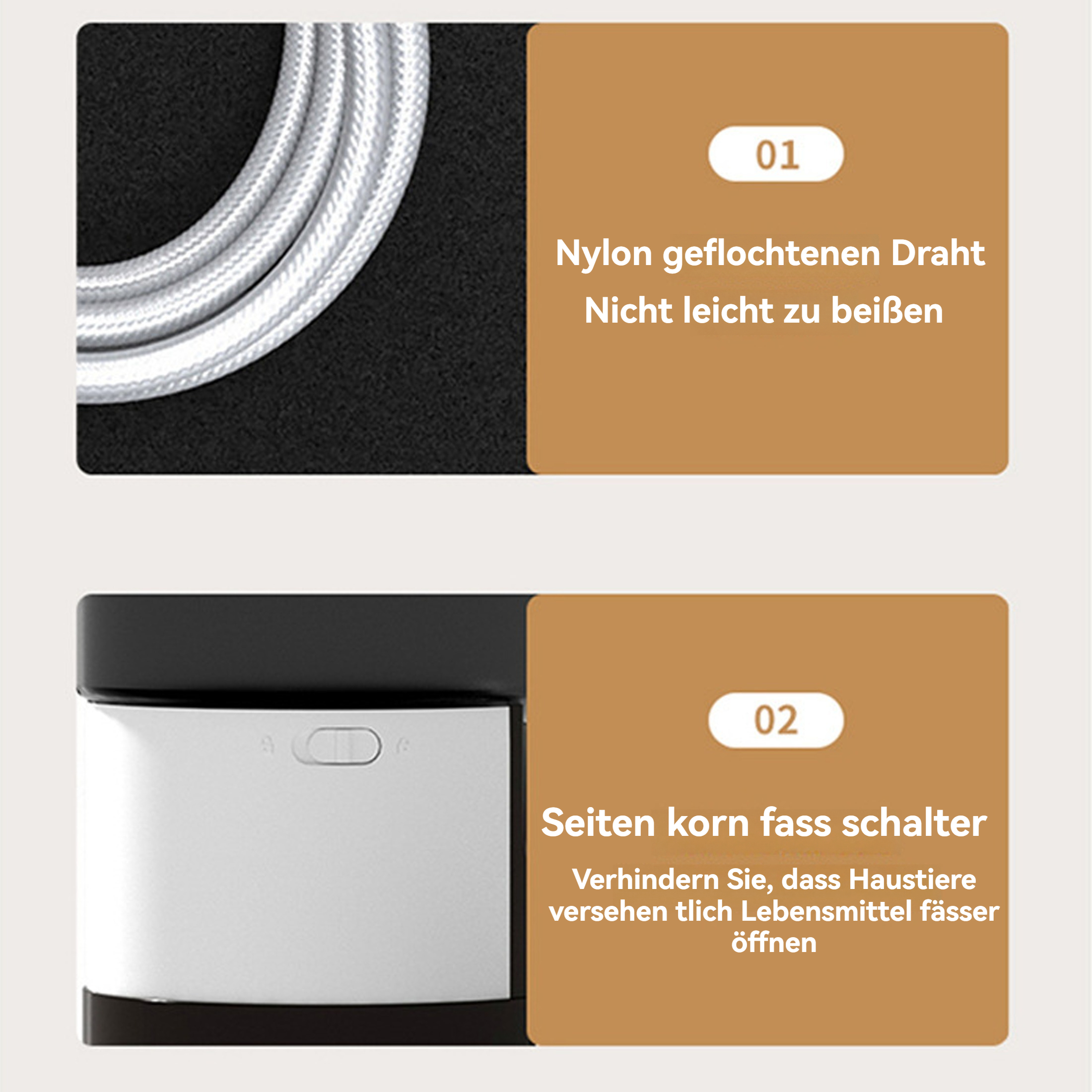 Bild, das ein weißes Kabel und zwei Bilder mit Text auf Deutsch über Produktmerkmale zeigt.