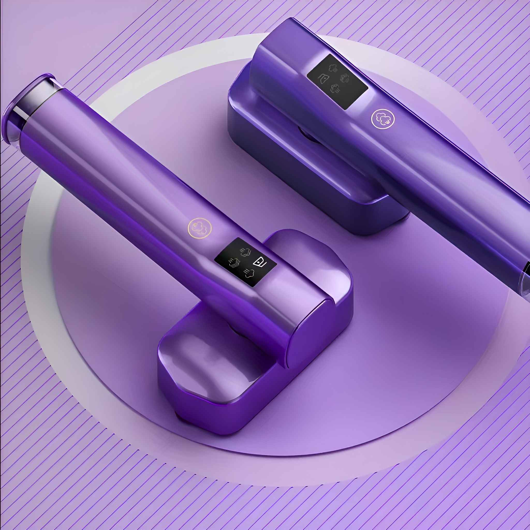 Zwei violette Hand-Kleidungsdampfer, die auf Ständern ruhen, auf einer violetten Oberfläche. Zeigt Knöpfe und Displays.