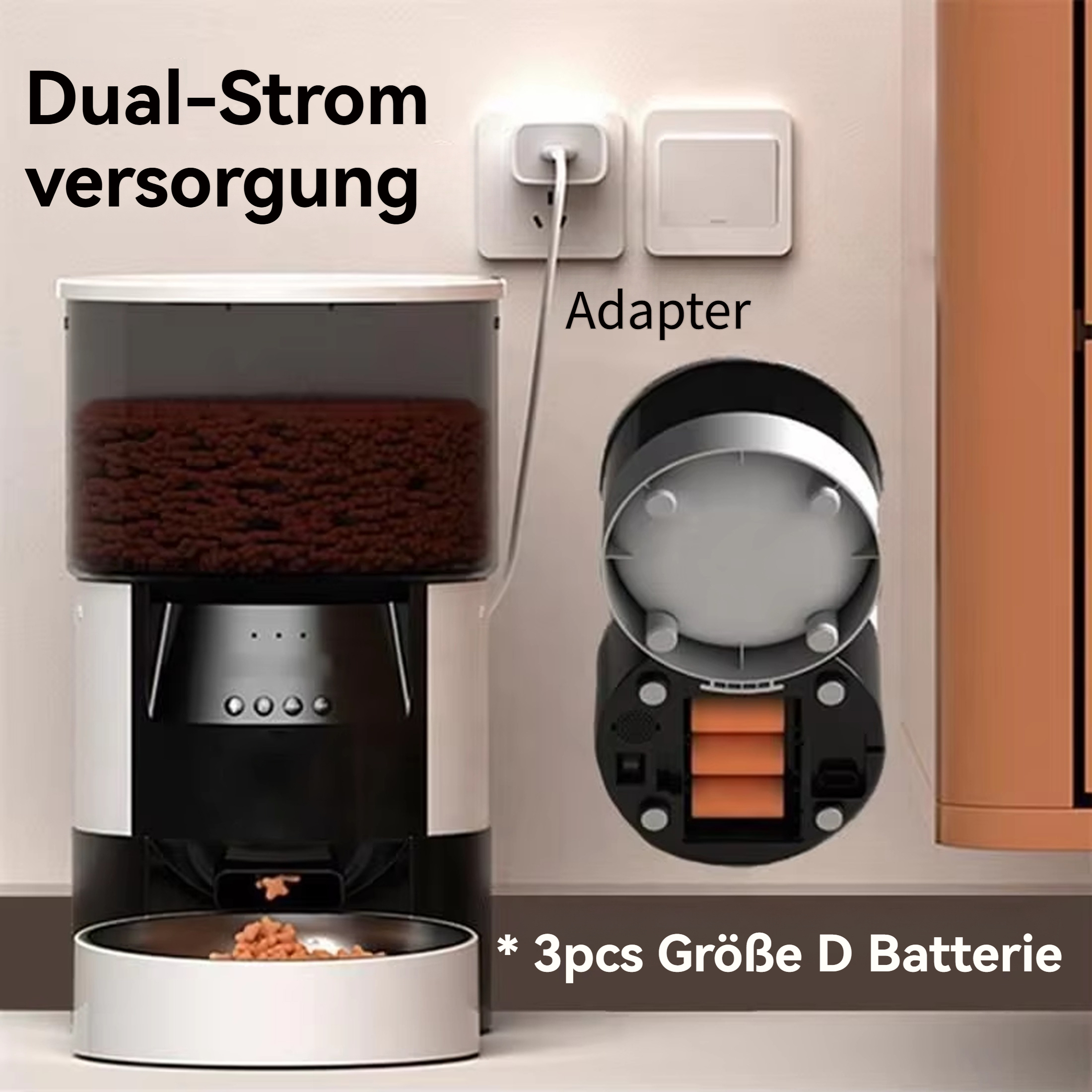 Ein Tierfutterautomat mit zwei Fächern. Eines enthält Futter und das andere Batterien.