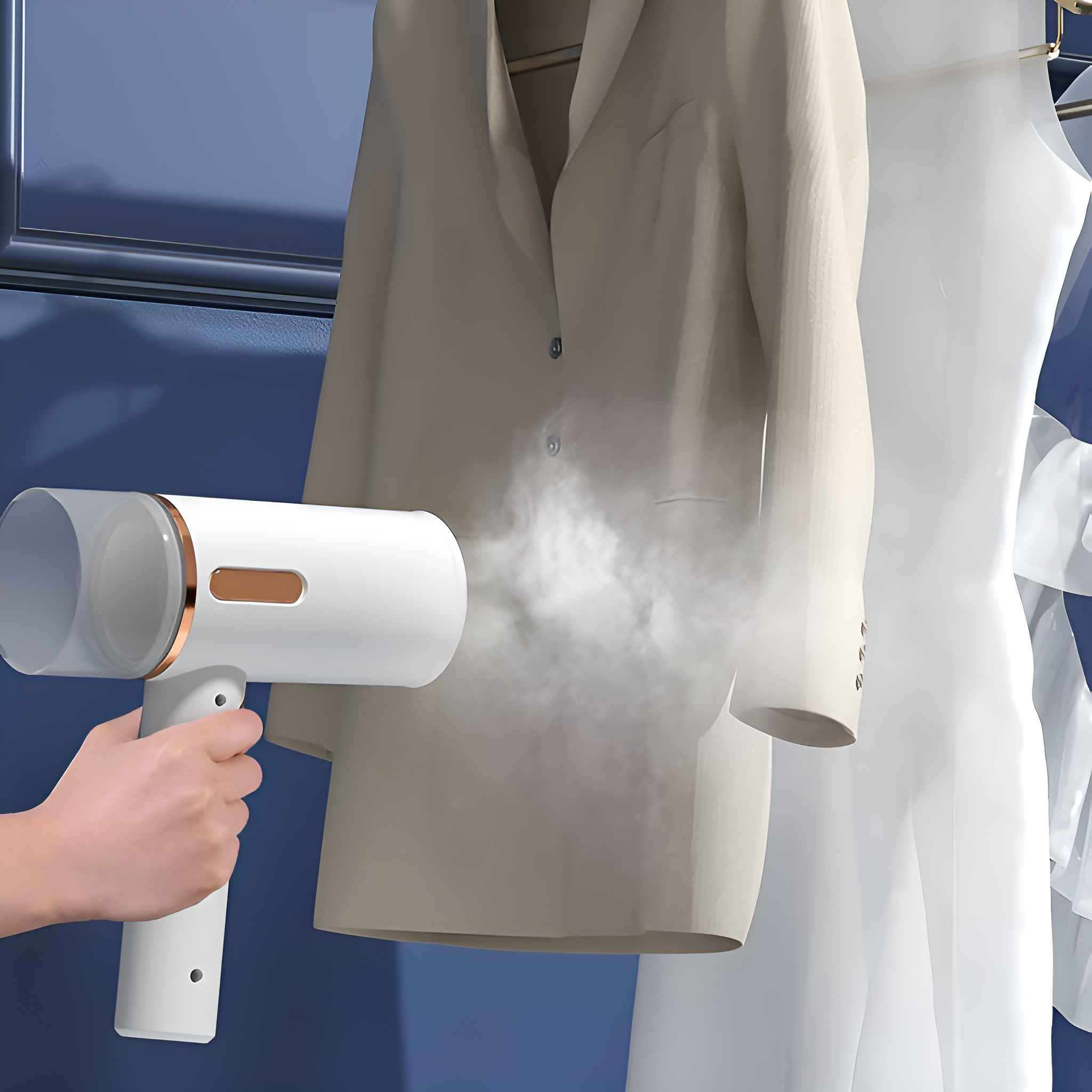 Eine Person verwendet einen Hand-Kleidungsdampfer an einer Jacke, die an einer blauen Wand hängt. Dampf ist sichtbar.