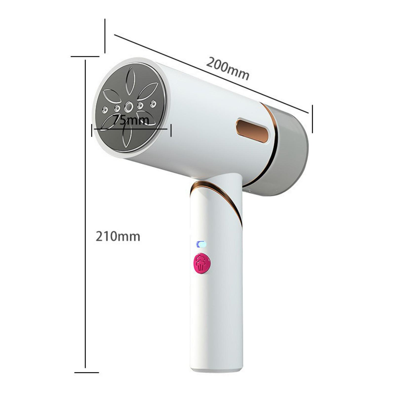 Ein weißer und grauer Hand-Kleidungsdampfer mit angegebenen Abmessungen. Hat eine blütenförmige Oberseite und einen rosa Knopf.