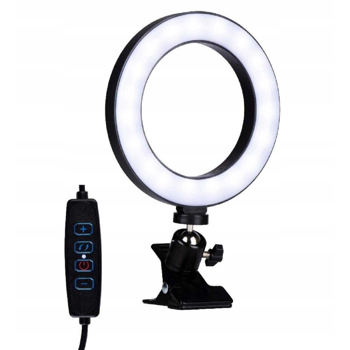 Ein Ringlicht mit Telefonklemme und ein Controller mit Knöpfen auf schwarzer Basis.