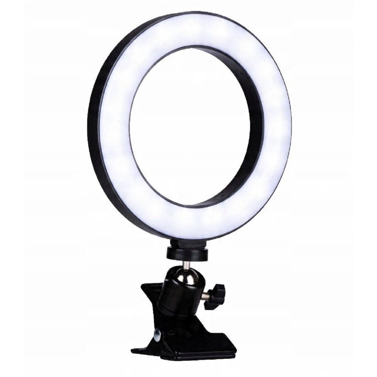 Ein Ringlicht mit Telefonklemme auf schwarzer Basis. Das Licht ist eingeschaltet.