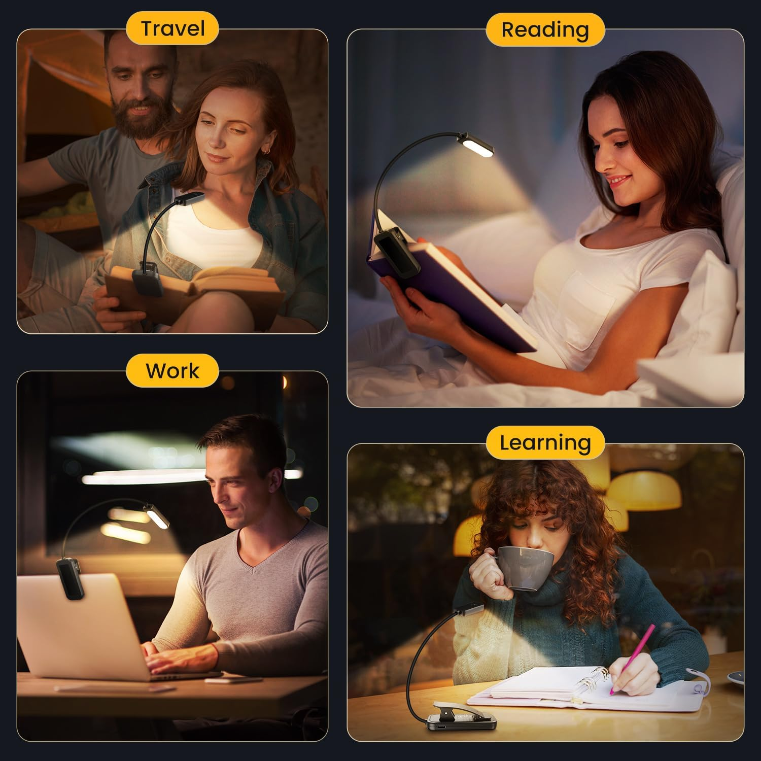 Vier Bilder zeigen eine Leselampe in verschiedenen Umgebungen: Reisen, Lesen, Arbeiten und Lernen.