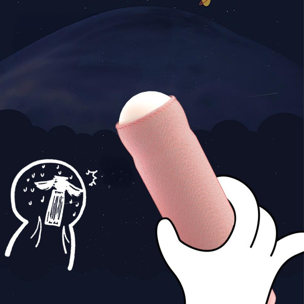 Eine Hand hält ein rosa Licht. Eine Cartoon-Zeichnung ist im Hintergrund.