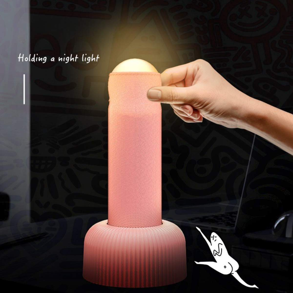 Eine Hand hält ein rosa Licht mit weißem Deckel. Der Text lautet 'Holding a night light'. Ein Cartoon wird gezeigt.
