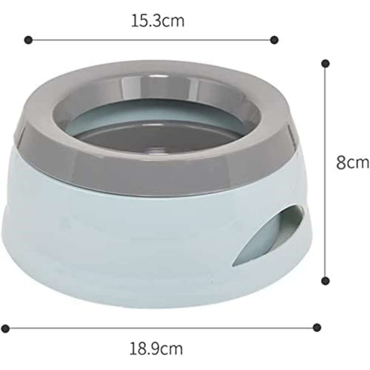 Eine Futternapf wird mit einem grauen Deckel und einem hellblauen Sockel gezeigt. Abmessungen sind angegeben, mit 15,3 cm und 18,9 cm.