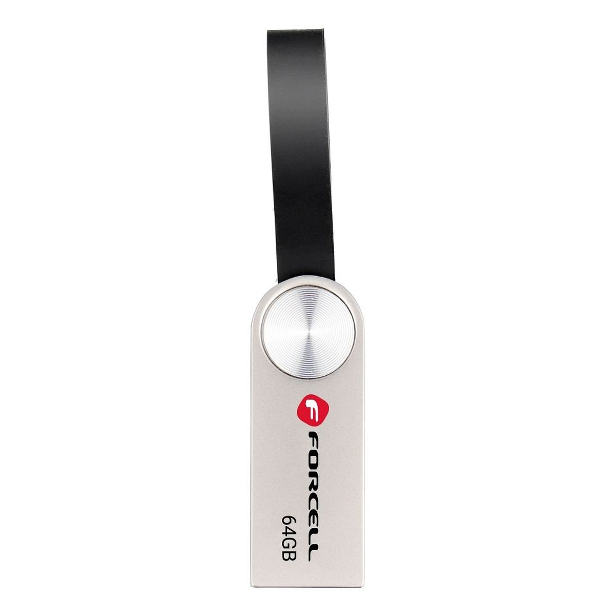 Una chiavetta USB argento da 64 GB con un cinturino nero. La parola FORCECELL e il logo sono visibili.