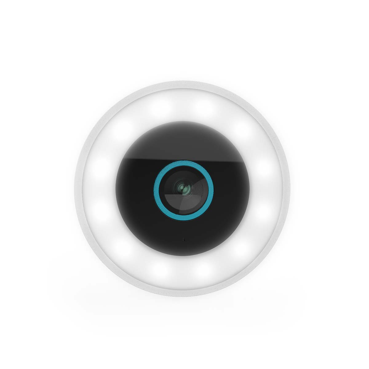 Nahaufnahme einer weißen Überwachungskamera mit schwarzem Objektiv und weißem Ring darum.