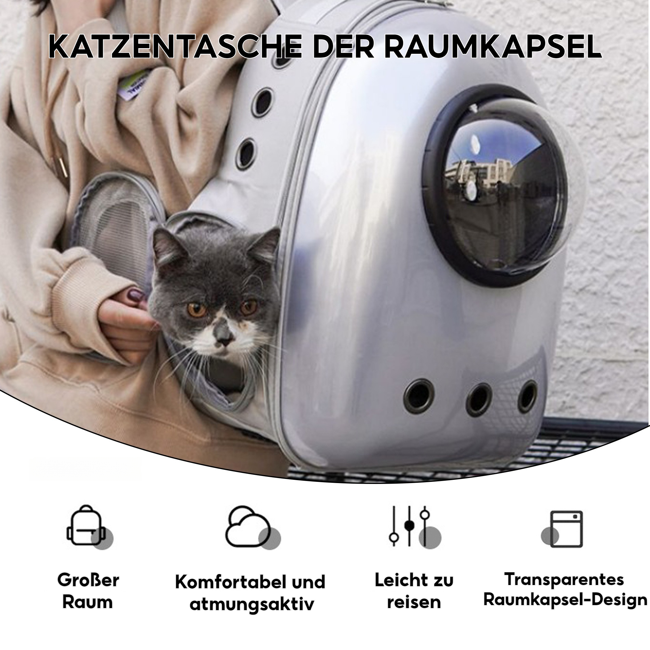 Katzenrucksack. Grau, kapselförmig mit klarer Kuppel. Arm einer Person im Bild. Text: Katzenkapseltasche.